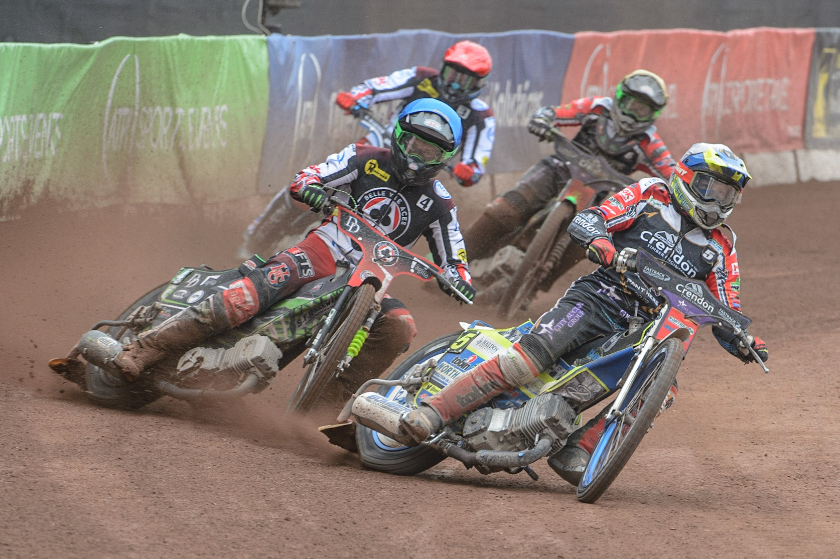 MANCHESTER, UK. MAY 2ND  Chris Harris (White) leads  Charles Wright  (Blue) Matej Žagar  (Red) and Benjamin Basso  (Yellow)during the SGB Premiership match between Belle Vue Aces and Peterborough at the National Speedway Stadium, Manchester on Monday 2nd May 2022. (Credit: Ian Charles | MI News)