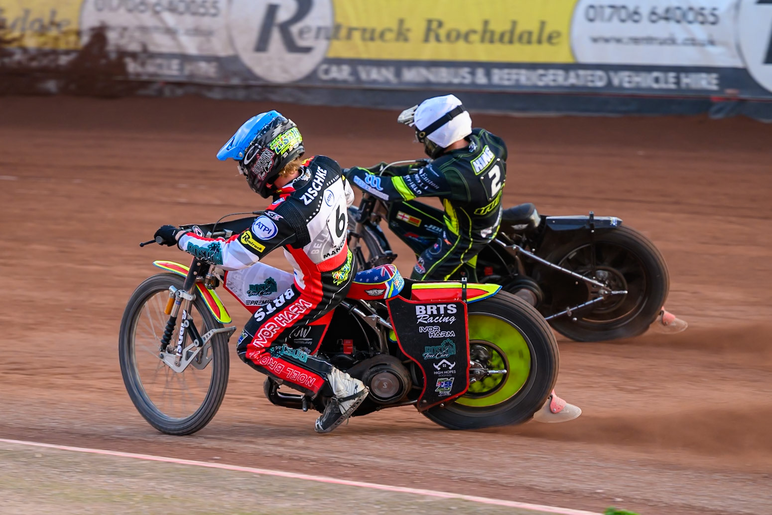 Tate Zischke of Belle Vue Aces in Blue rides inside Danny King of Ipswich Witches in White during the Rowe Motor Oil Premiership match between Belle Vue Aces and Ipswich Witches at the National Speedway Stadium, Manchester on Saturday 20th June 2026. (Photo: Ian Charles | MI News)
