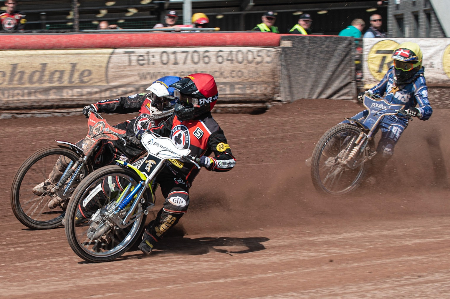Photo: Ian Charles

Kenneth Bjerre (Red) and Jaimon Lidsey  (Blue) lead \Michael Palm Toft (Yellow)

Belle Vue Aces v Kings Lynn Stars, British Speedway Premiership, Belle Vue National Speedway Stadium, Manchester, Monday 26  August  2019