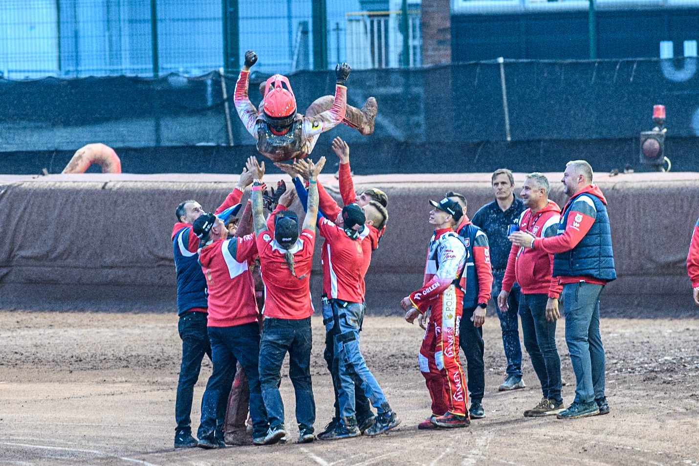 Wiktor Przyjemski of Poland gets the bumps from the Polish team during the Monster Energy FIM Speedway of Nations 2 (Under 21) Final at the National Speedway Stadium, Manchester on Friday 12th July 2024. (Photo: Ian Charles | MI News)