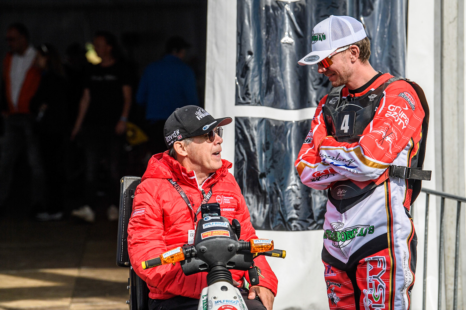Danish Team Manager Erik Gundersen (Left) chats with Kenneth K. Hansen during the FIM Long Track Of Nations event at the Speed Centre Roden on Sunday 24th September 2023. (Photo: Ian Charles | MI News)