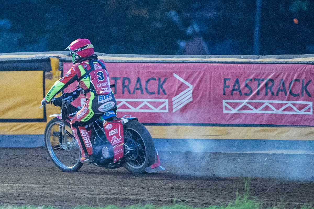 Photo by Ian Charles:

Hans Andersen  with a burnt out clutch

Peterborough Panthers v Belle Vue Aces, British Speedway Premiership, Thursday, 5, September, 2019