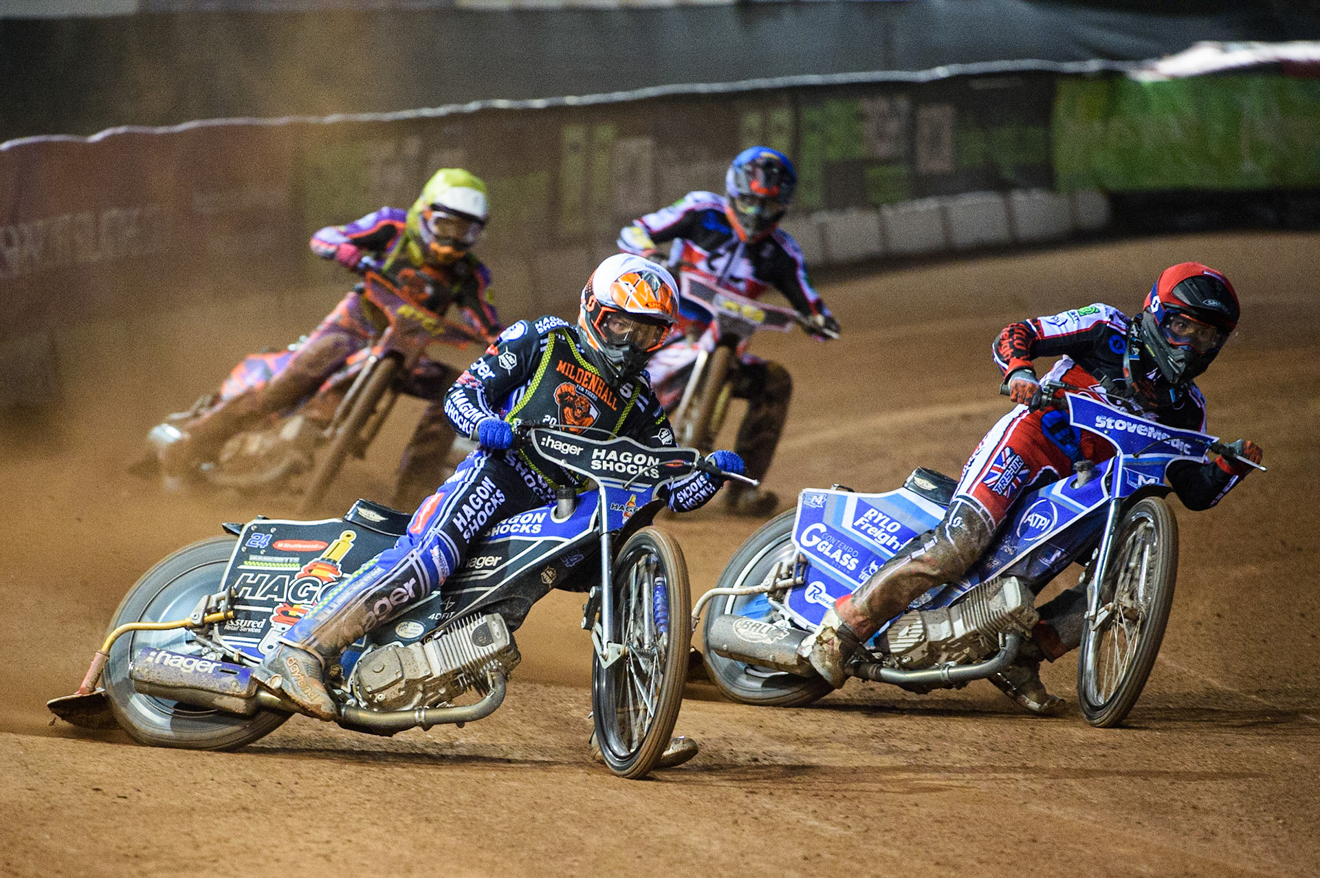 MANCHESTER, SEPT 3RD. Jason Edwards (White) leads Elliot Kelly  (Yellow), Harry McGurk  (Red) and Jack Parkinson-Blackburn  (Blue) during the National Development League match between Belle Vue Aces and Mildenhall Fens Tigers at the National Speedway Stadium, Manchester on Friday 3rd September 2021. (Credit: Ian Charles | MI News)