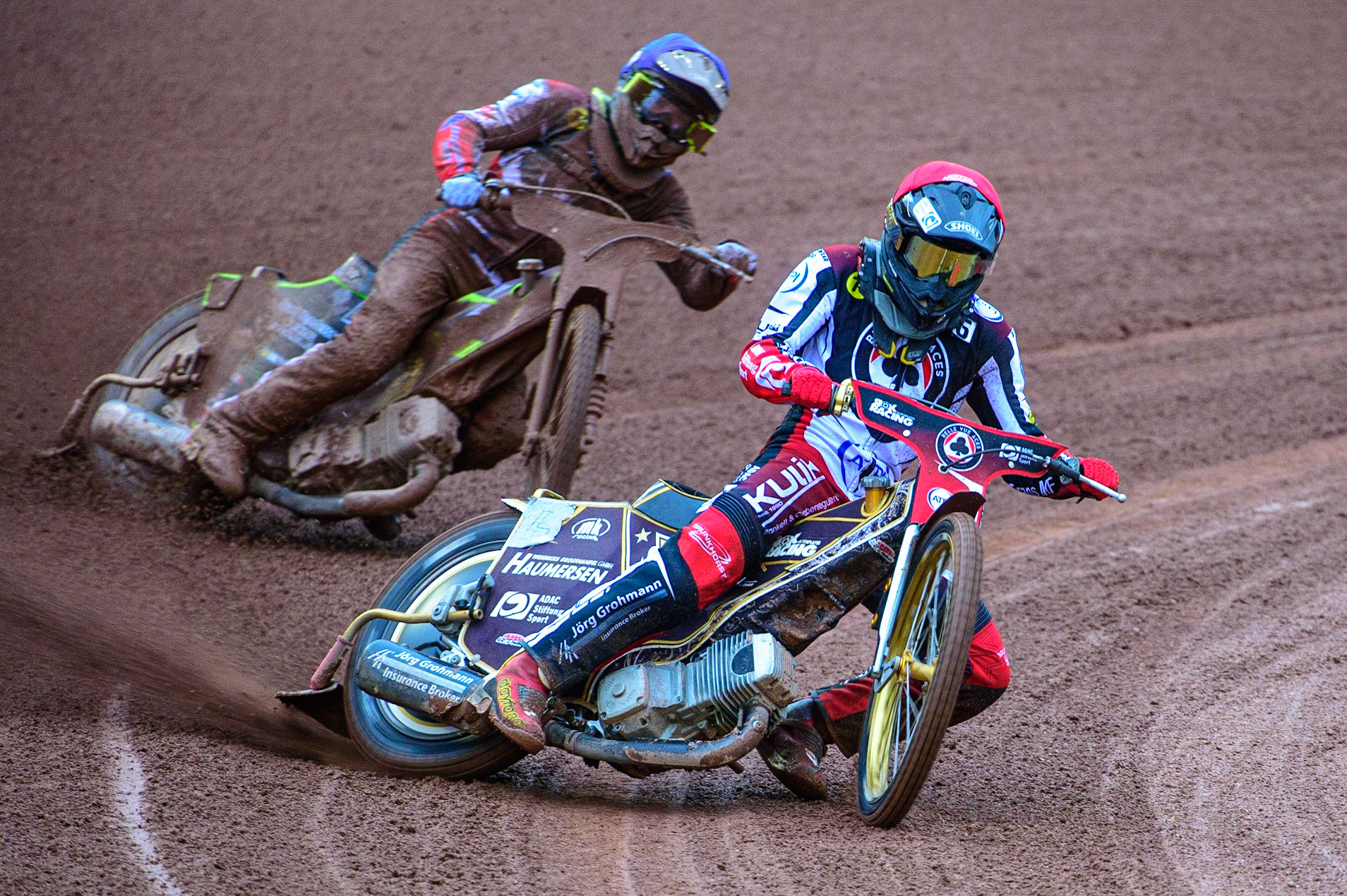 MANCHESTER, UK. MAY 16TH Norick Blödorn  (Red) leads team mate Tom Brennan   (Blue) during the SGB Premiership match between Belle Vue Aces and King's Lynn Stars at the National Speedway Stadium, Manchester on Monday 16th May 2022. (Credit: Ian Charles | MI News)