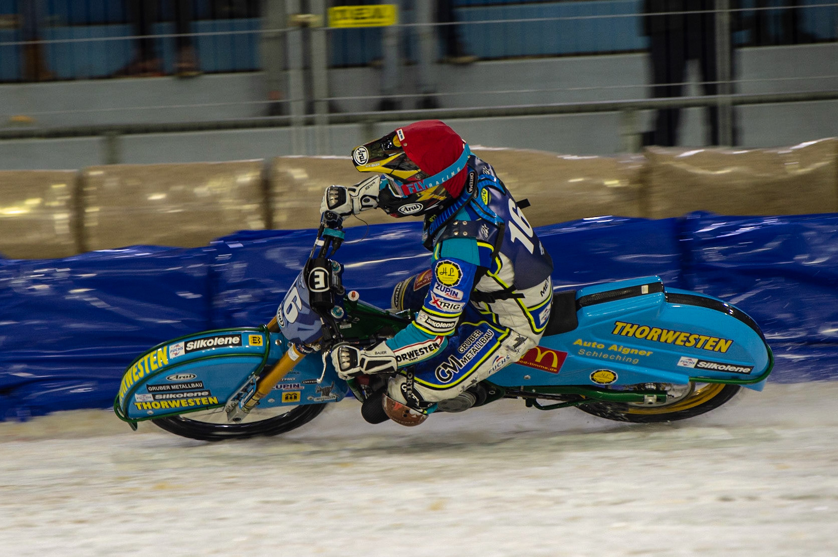 HEERENVEEN, NL. Luca Bauer (16) in action during the FIM Ice Speedway Gladiators World Championship Final 3 at Ice Rink Thialf, Heerenveen on Saturday  2 April 2022. (Credit: Ian Charles | MI News)