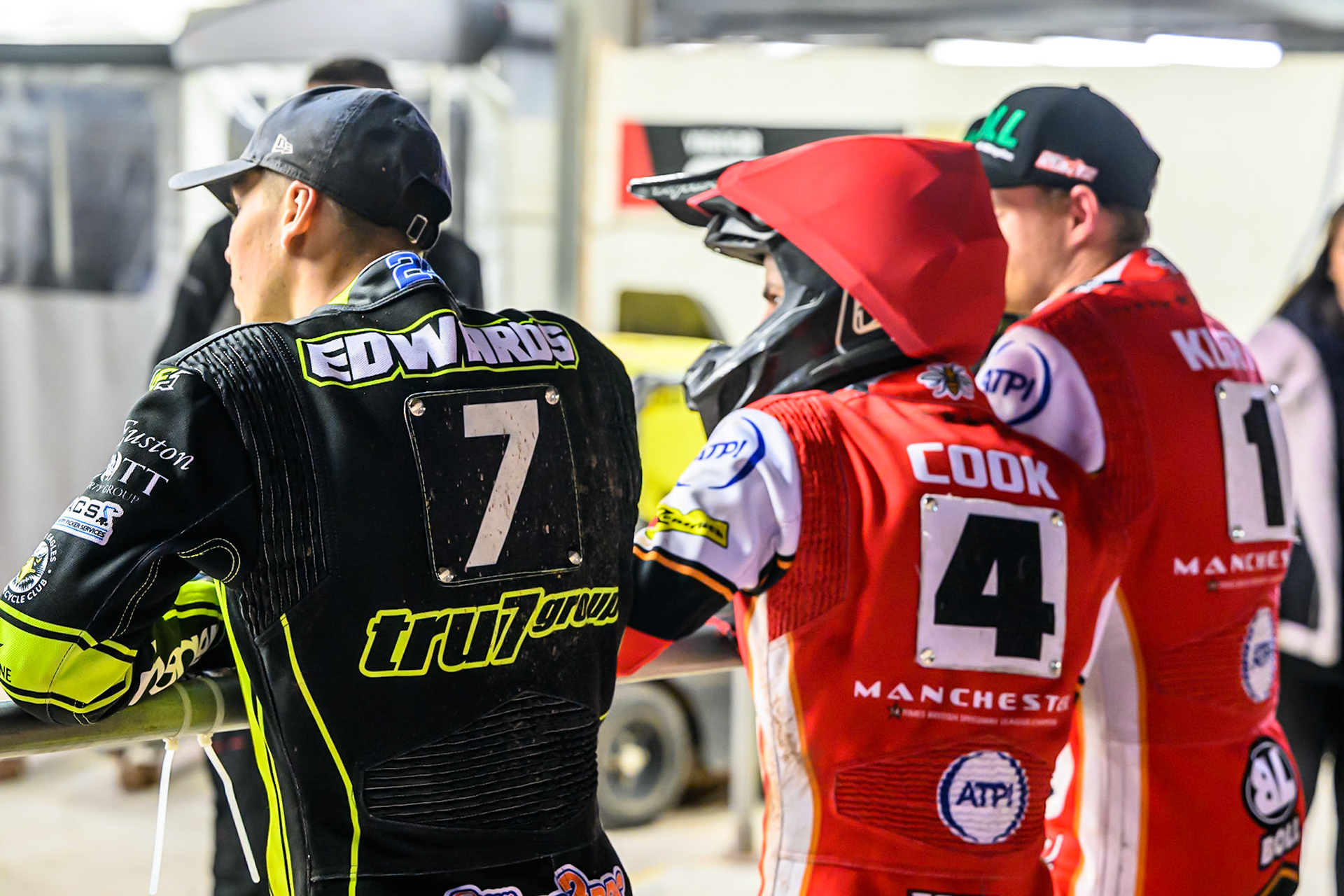 (L to R) Jason Edwards of Ipswich Witches , Zach Cook of Belle Vue Aces  and Brady Kurtz of Belle Vue Aces  watch the reply on the TV Monitor during the Rowe Motor Oil Premiership Play Off Semi Final 1 (1st Leg)  between Belle Vue Aces and Ipswich Witches at the National Speedway Stadium, Manchester on Monday 8th September 2025. (Photo: Ian Charles | MI News)
