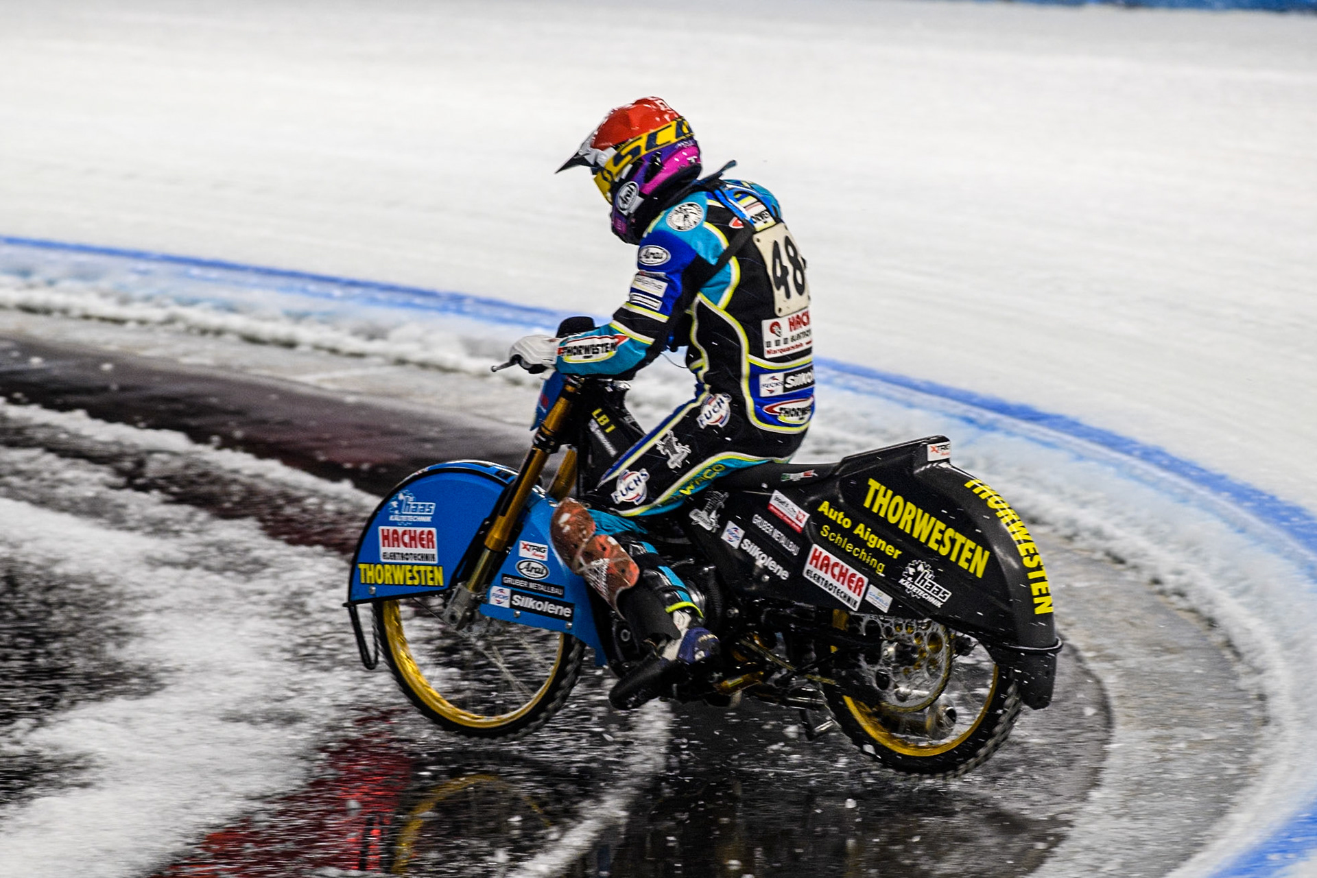 Luca Bauer (48) of Germany spins and leaves the track during the Ice Speedway Gladiators World Championship Final 1 at Max-Aicher-Arena, Inzell on Saturday 15th March 2025. (Photo: Ian Charles | MI News)