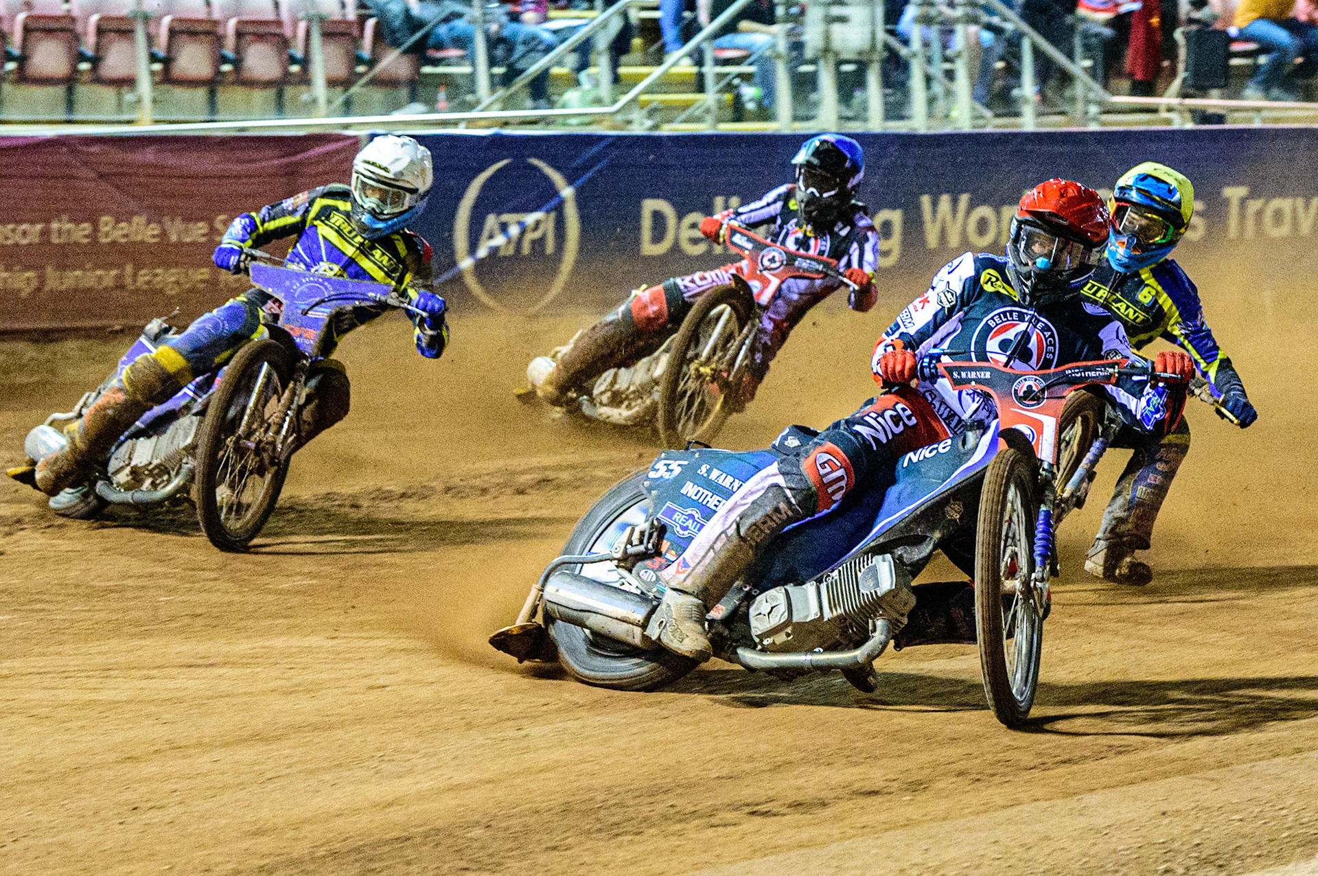 Matej Zagar  (Red) leads Adam Ellis  (White) Justin Sedgmen  (Yellow) and Norick Blodorn   (Blue) during the SGB Premiership match between Belle Vue Aces and Sheffield Tigers at the National Speedway Stadium, Manchester on Monday 5th September 2022. (Credit: Ian Charles | MI News)