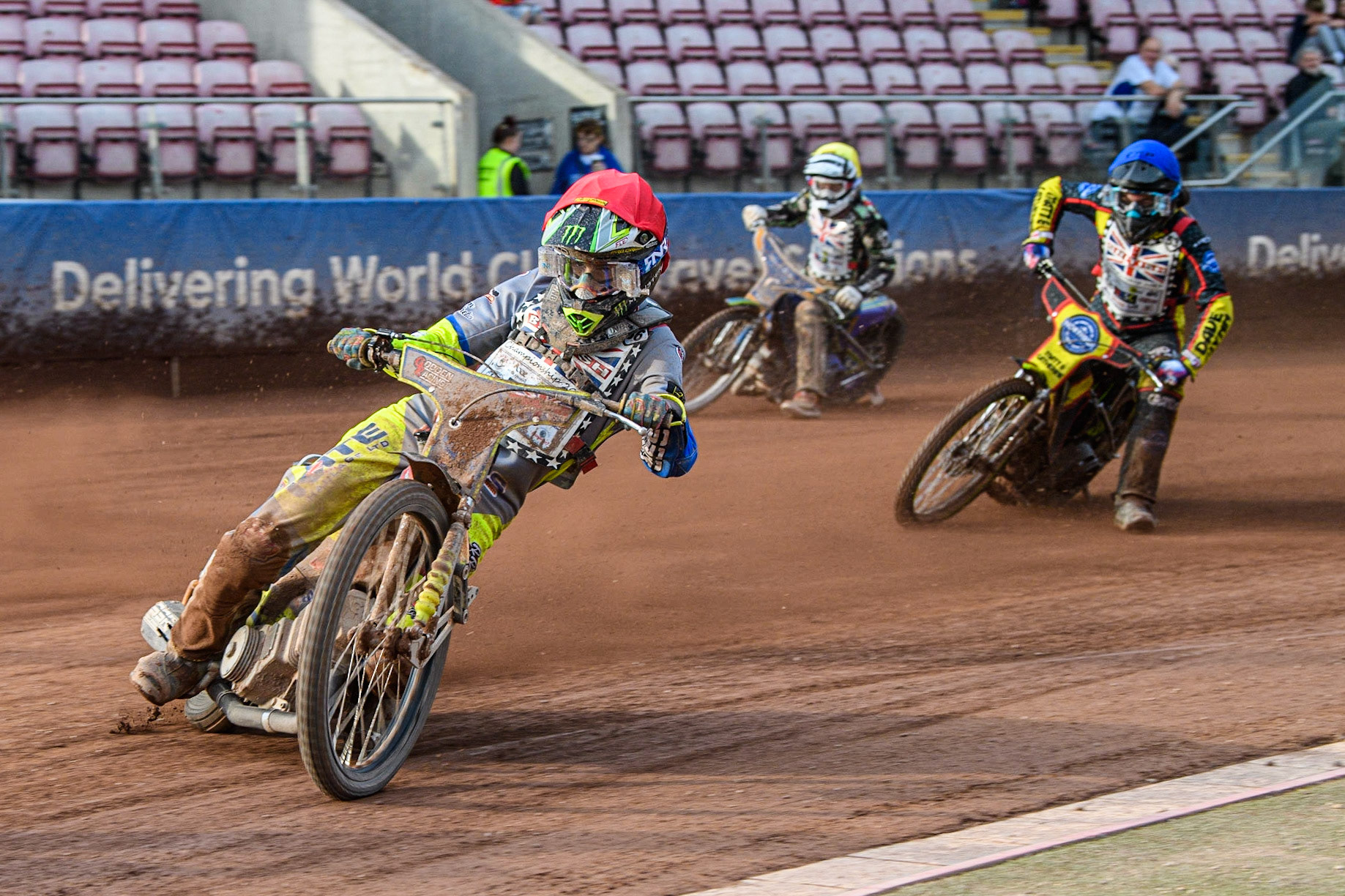 Sonny Springer (Red) leads Laylen Richardson (Blue) and Joe Crewe (Yellow) during the British Youth Speedway Championships at the National Speedway Stadium, Manchester on Friday 21st July 2023. (Photo: Ian Charles | MI News)