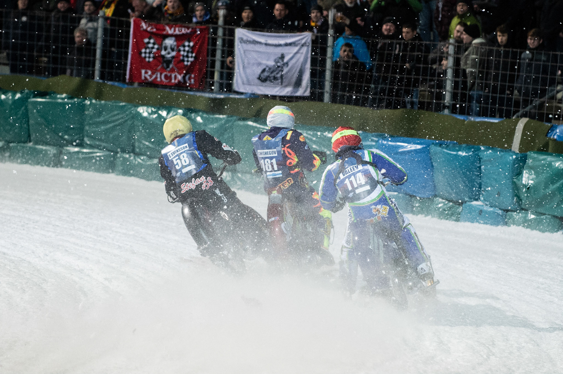 Photo: Ian Charles

Stefan Svensson (58) hits a rut inside Andrei Shishegov (181) and Dinar Valeev (114) causing Shishegov to fall

FIM Ice Speedway Gladiators World Championship, Final 3.1, Horst-Dohm Eisstadion, Berlin, Germany Saturday  2  March  2019