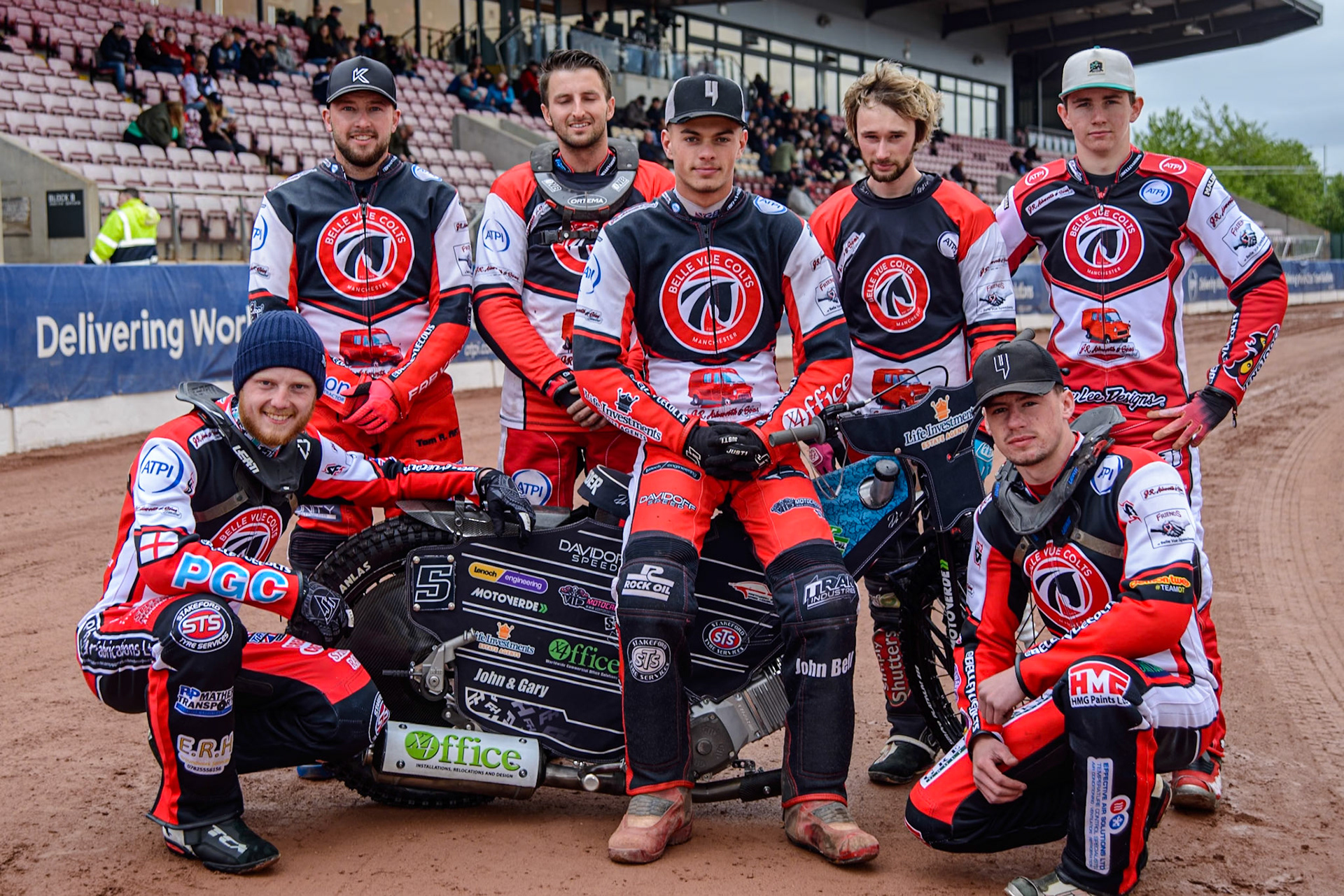Belle Vue JR Ashworth &amp; Sons Colts: Rear (L to R) Mason Watson, Jack Kingston, Freddy Hodder, Connor King, William Cairns. Kneeling: Jack Shimelt (Left) and Billy Budd during the WSRA National Development League match between Belle Vue Colts and Oxford Chargers at the National Speedway Stadium, Manchester on Sunday 1st June 2025. (Photo: Ian Charles | MI News)