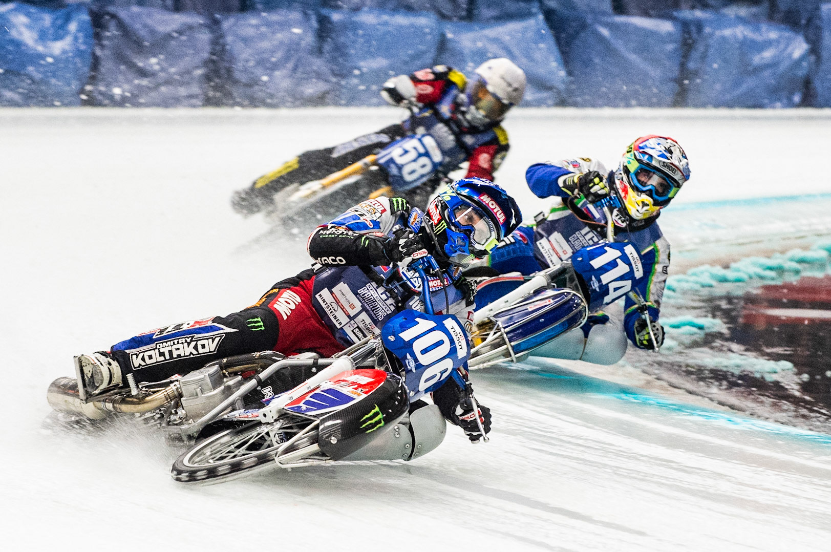 Photo: Ian Charles

Dmitri Koltakov (106) leads Dinar Valeev (114) and Stefan Svensson (58)

FIM Ice Speedway Gladiators World Championship, Event 4.1, Max-Aicher-Arena, Inzell, Germany, Saturday 16 March 2019