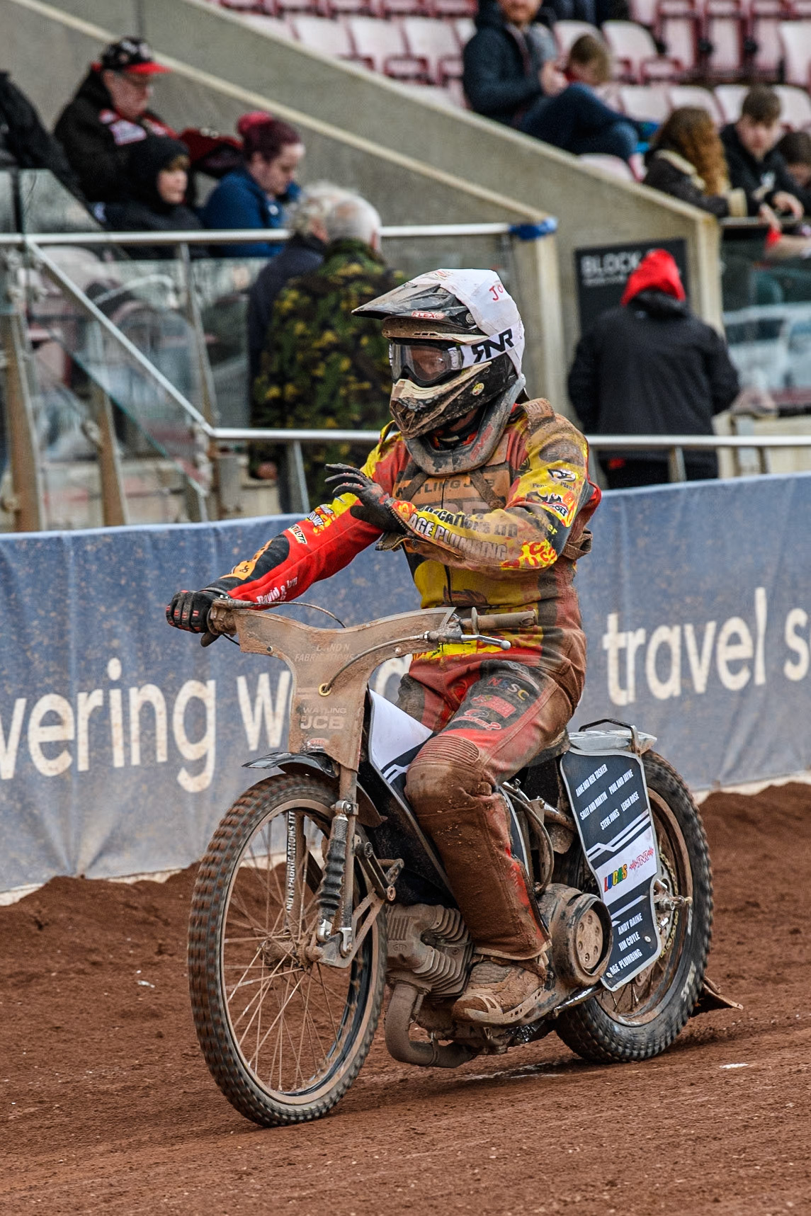 Leicester Lion Cubs' Joe Thompson waves to the fans after his heat win during the WSRA National Development League match between Belle Vue Colts and Leicester Lion Cubs at the National Speedway Stadium, Manchester on Friday 29th March 2024. (Photo: Ian Charles | MI News)