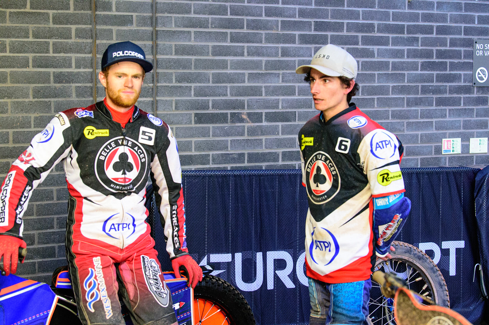 MANCHESTER, UK. JUN 6TH  Brady Kurtz (left) with Zach Cook  during the SGB Premiership match between Belle Vue Aces and Ipswich Witches at the National Speedway Stadium, Manchester on Monday 6th June 2022. (Credit: Ian Charles | MI News)