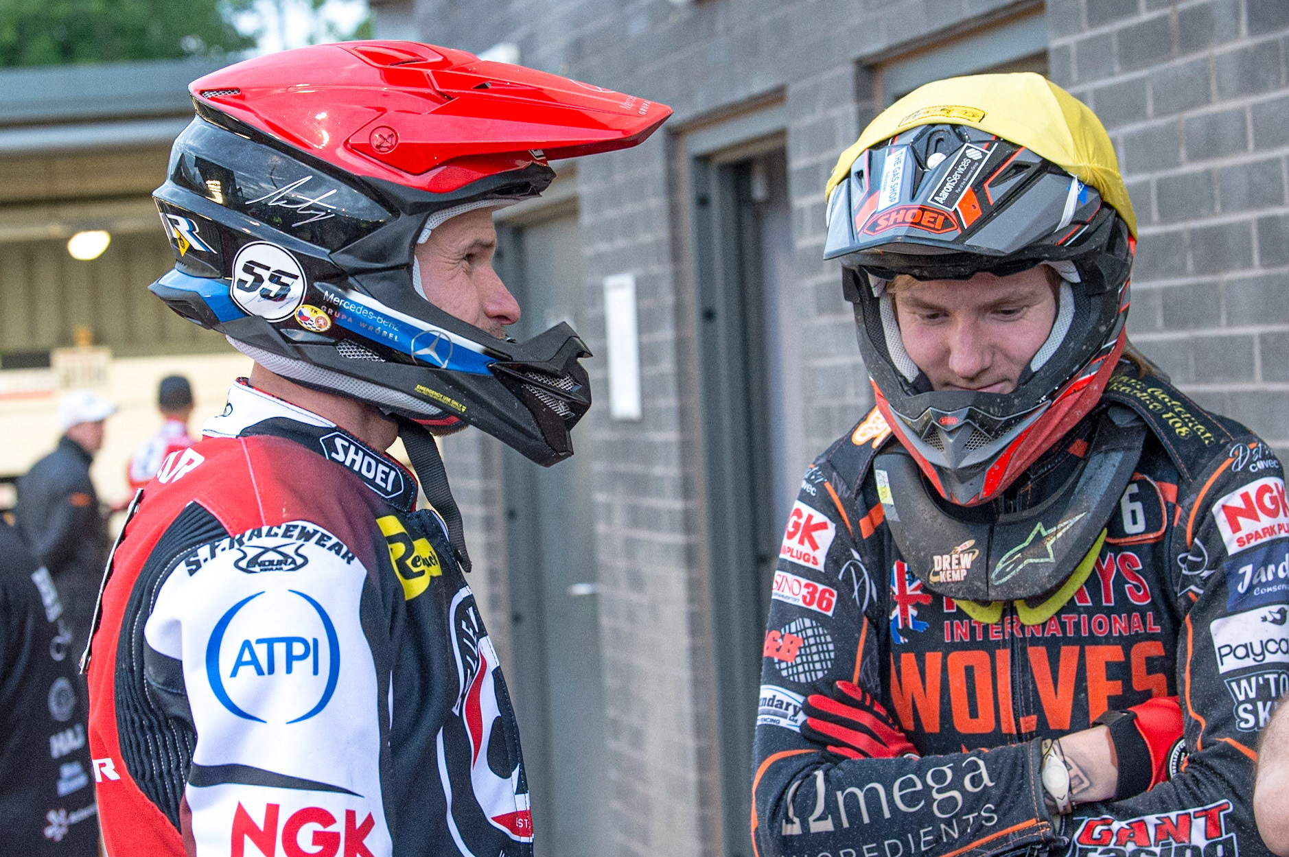MANCHESTER, UK. JUN 13TH Matej Zagar  (left) chats with Drew Kemp  during the SGB Premiership match between Belle Vue Aces and Wolverhampton  Wolves at the National Speedway Stadium, Manchester on Monday 13th June 2022. (Credit: Ian Charles | MI News)