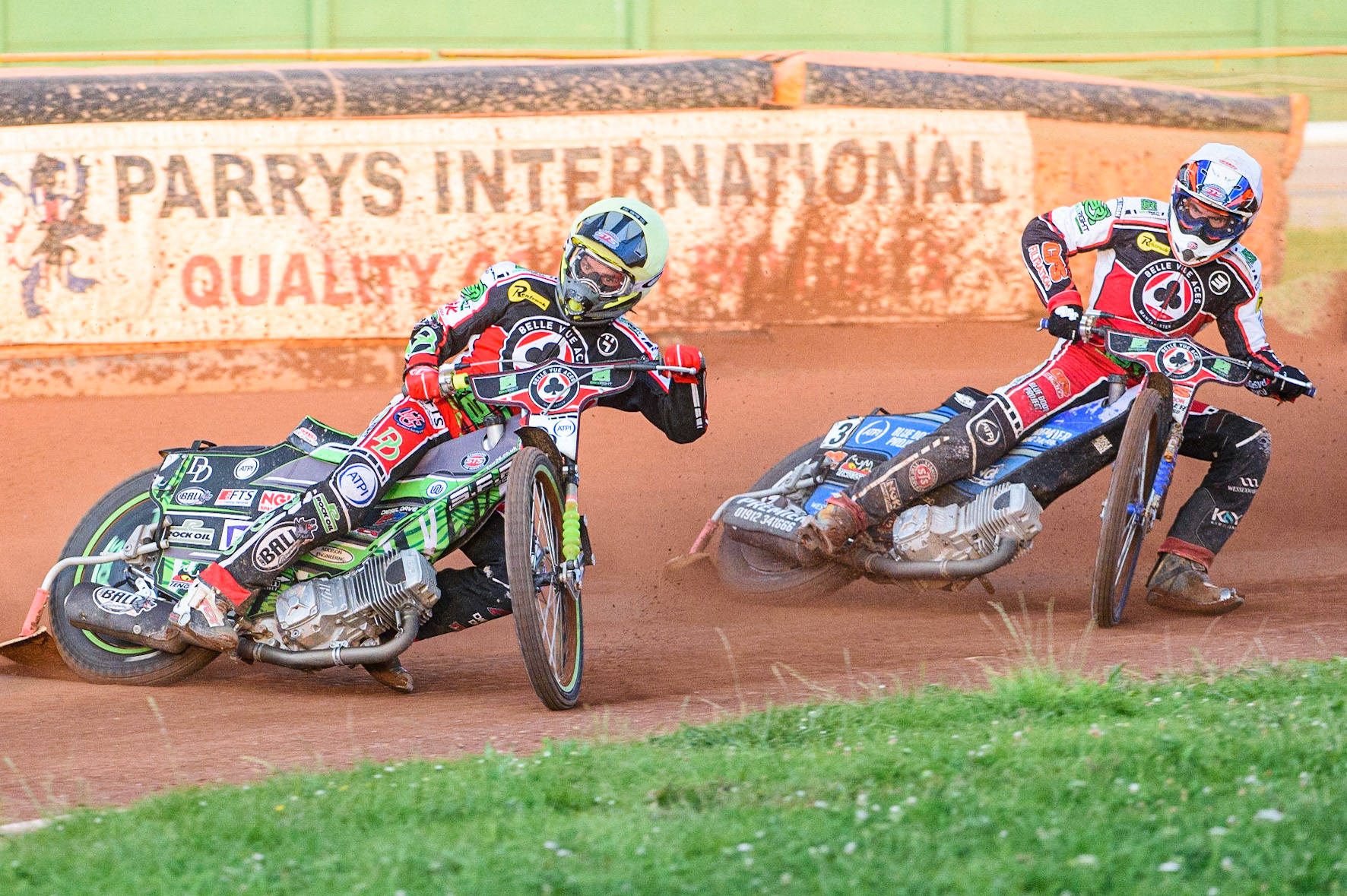 WOLVERHAMPTON, UK. JULY 26TH Charles Wright  (Yellow) leads team mate Nick Morris  (White) during the SGB Premiership match between Wolverhampton Wolves and Belle Vue Aces at the Ladbroke Stadium, Wolverhampton on Monday 26th July 2021. (Credit: Ian Charles | MI News)