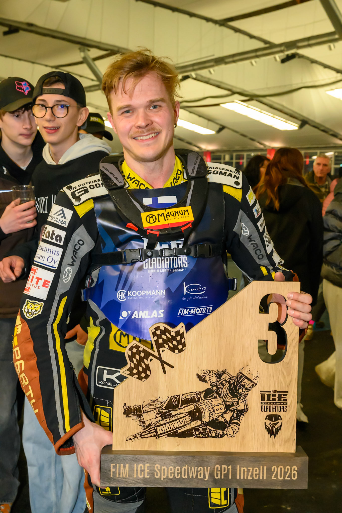 Heikki Huusko (67) of Finland  with his 3rd place trophy during the Ice Speedway Gladiators World Championship Final 1 at Max-Aicher-Arena, Inzell on Saturday 14th March 2026. (Photo: Ian Charles | MI News)
