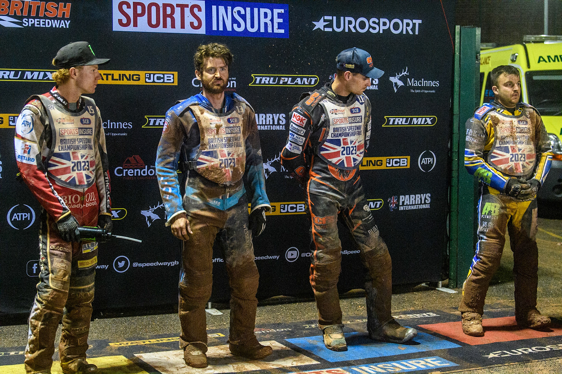 The riders select their gate positions for the Final: (l - r) Dan Bewley, Richard Lawson, Steve Worrall, Ben Barker during the Sports Insure British Speedway Final at the National Speedway Stadium, Manchester on Monday 14th August 2023. (Photo: Ian Charles | MI News)