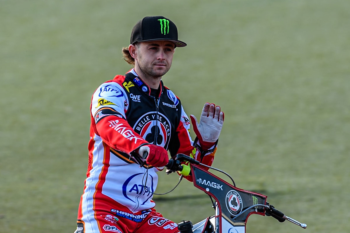Belle Vue Aces' Jaimon Lidsey on the parade lap during the Rowe Motor Oil Premiership match between Belle Vue Aces and Leicester Lions at the National Speedway Stadium, Manchester on Monday 19th May 2025. (Photo: Ian Charles | MI News)
