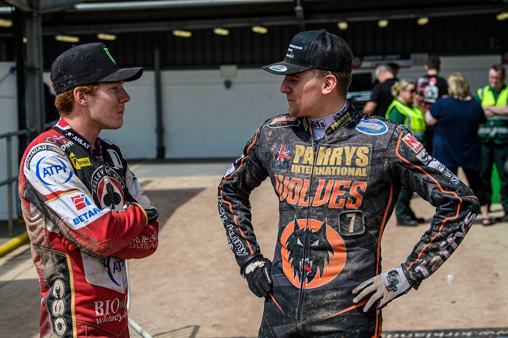 Dan Bewley (left) chats with Leon Flint during the Sports Insure Premiership match between Belle Vue Aces and Wolverhampton Wolves at the National Speedway Stadium, Manchester on Monday 29th May 2023. (Photo: Ian Charles | MI News)
