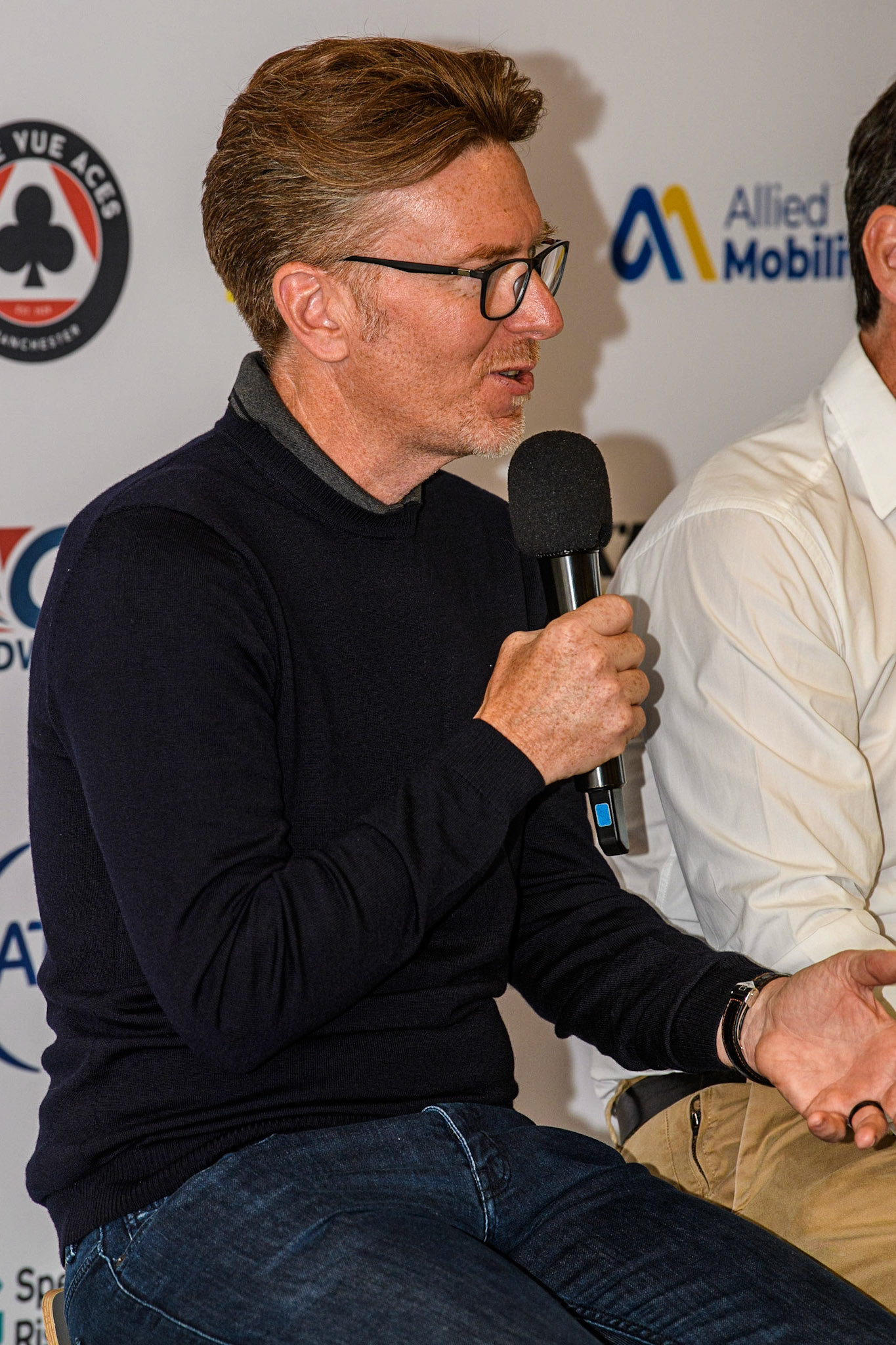 Former World Speedway Champion Jason Crump answers a question during the FIM Flat Track World Championship &amp; FIM Women's Speedway Academy Launch at the National Speedway Stadium, Manchester on Monday 3rd July 2023. (Photo: Ian Charles | MI News)