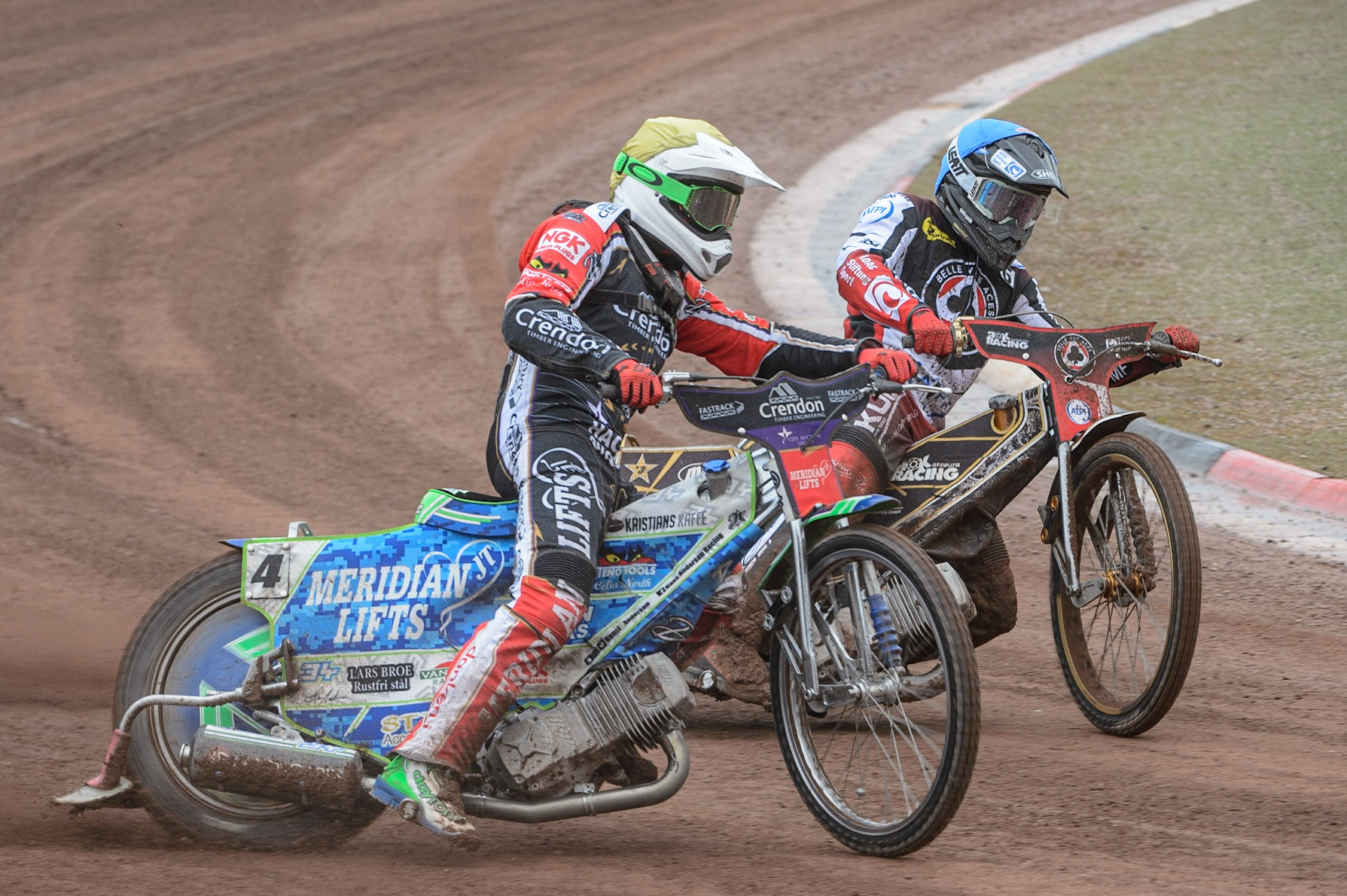 MANCHESTER, UK. MAY 2ND  Hans Andersen   (Yellow) outside Norick Blödorn  (Blue) during the SGB Premiership match between Belle Vue Aces and Peterborough at the National Speedway Stadium, Manchester on Monday 2nd May 2022. (Credit: Ian Charles | MI News)