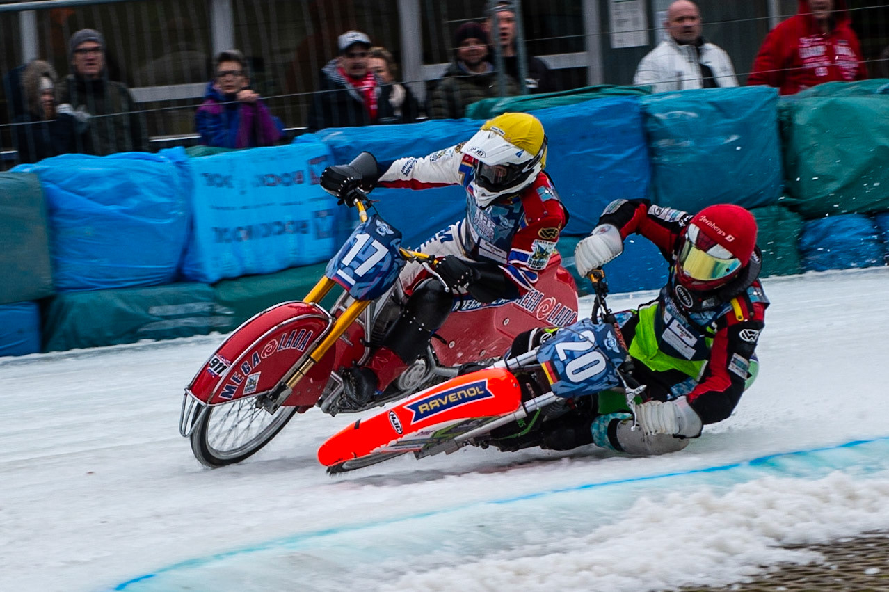 BERLIN GERMANY  - March 1  Johan Weber (Red) of Germany forces his way past Igor Kononov (Yellow)  of Russia during the Ice Speedway of Nations at the Horst-Dohm-Eisstadion, Berlin,  on Sunday 1 March 2020. (Credit: Ian Charles | MI News)