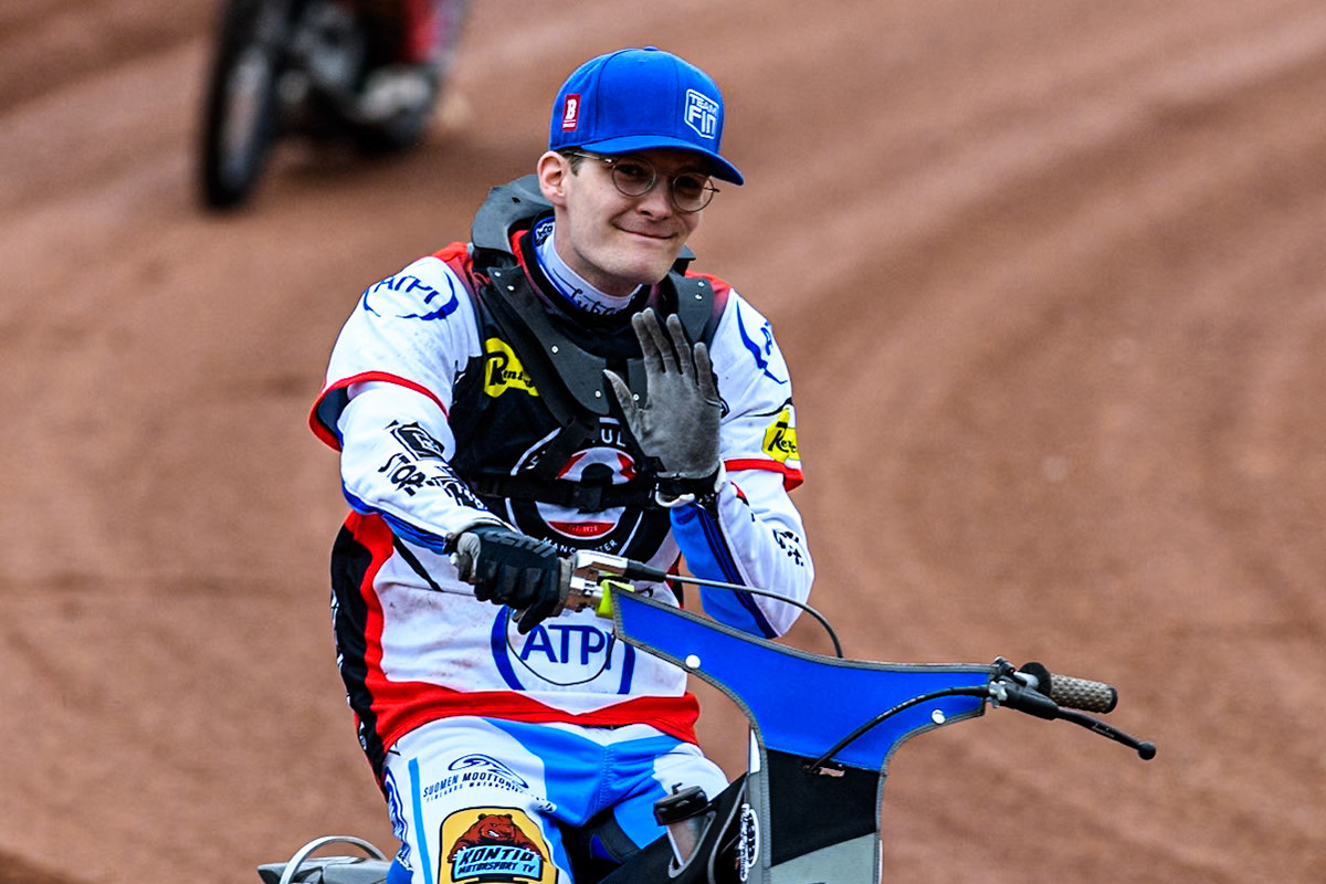 Belle Vue Aces' guest Antti Vuolas on the parade lap during the Rowe Motor Oil Premiership match between Belle Vue Aces and Oxford Spires at the National Speedway Stadium, Manchester on Monday 22nd July 2024. (Photo: Ian Charles | MI News)