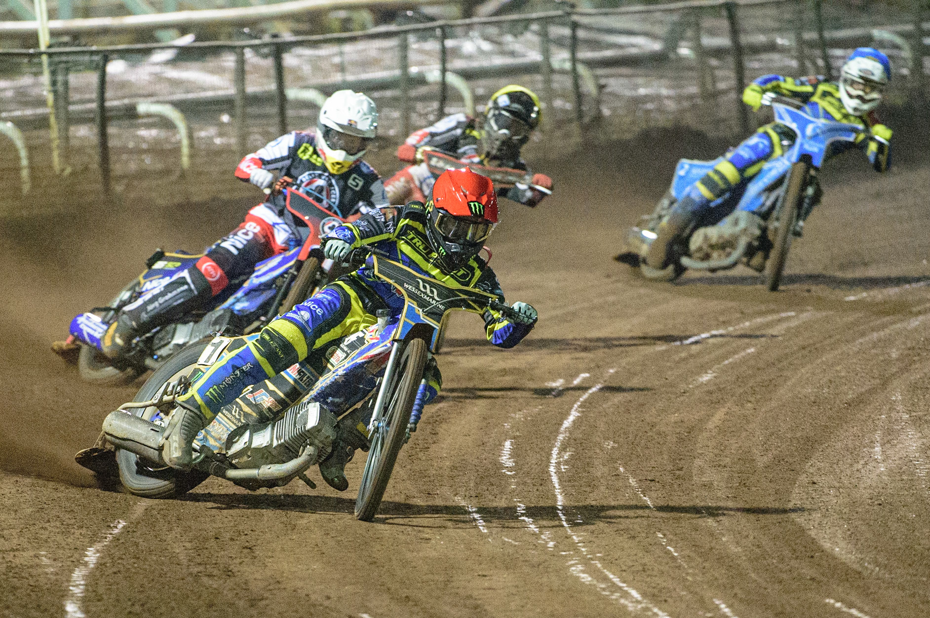 Jack Holder  (Red) leads Robert Lambert  (White) Norick Blödorn (Yellow) and Lewis Kerr  (Blue) during the SGB Premiership Grand Final 2nd Leg between Sheffield Tigers and Belle Vue Aces at Owlerton Stadium, Sheffield on Thursday 13th October 2022. (Credit: Ian Charles | MI News)
