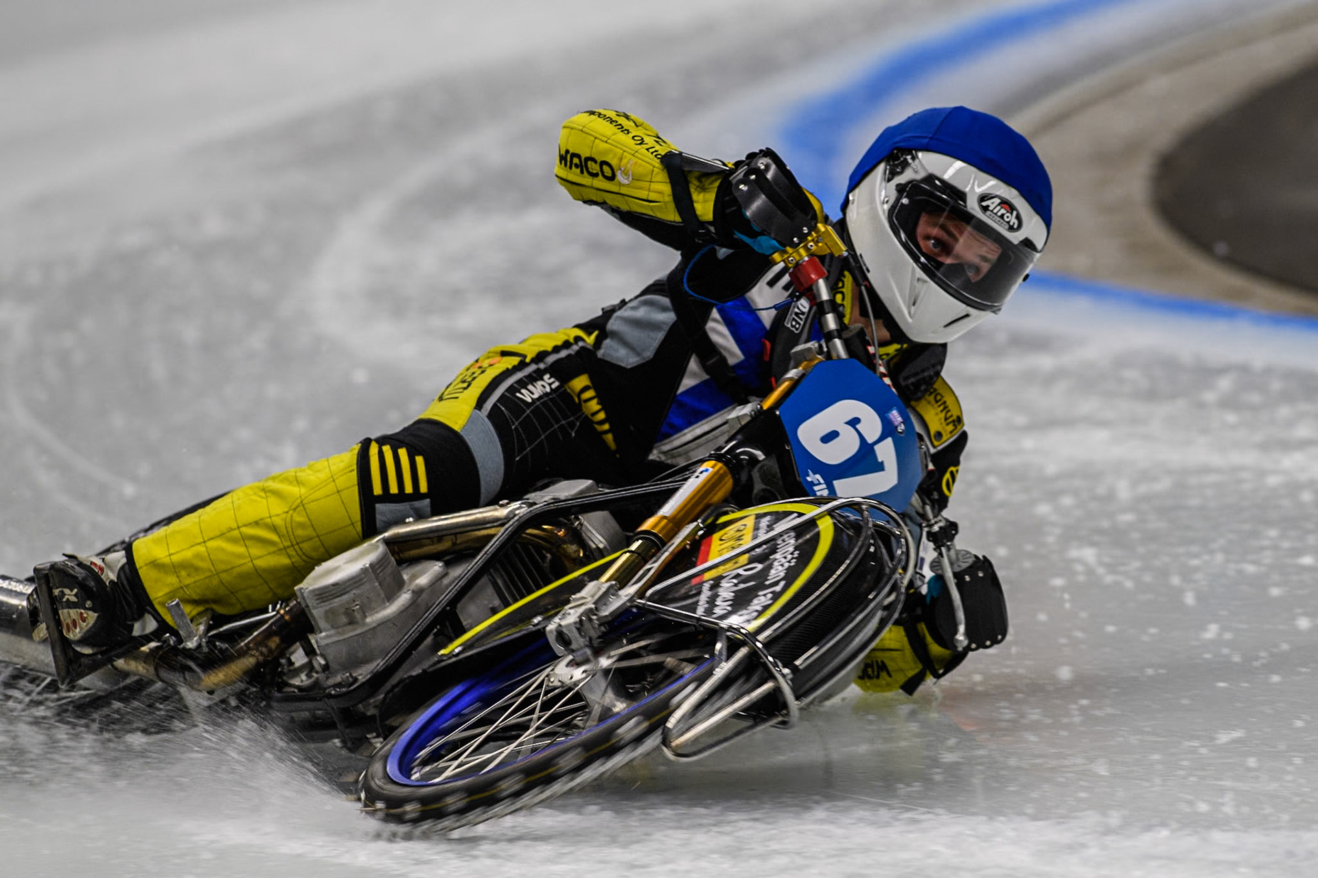 Finland's Heikki Huusko (67) in action during the FIM Ice Speedway Gladiators World Championship Final 1 at the Max-Aicher-Arena, Inzell on Saturday 23 March 2024. (Photo: Ian Charles | MI News)