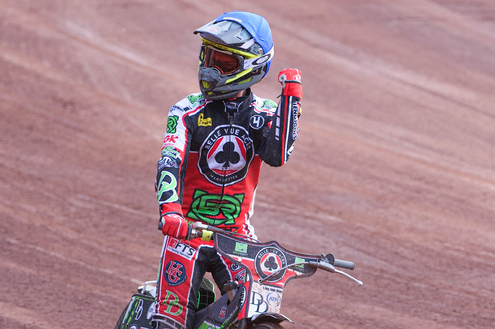 MANCHESTER, UK. JUNE 7TH   Charles Wright  celebrates  during the SGB Premiership match between Belle Vue Aces and Ipswich Witches at the National Speedway Stadium, Manchester on Monday 7th June 2021. (Credit: Ian Charles | MI News)