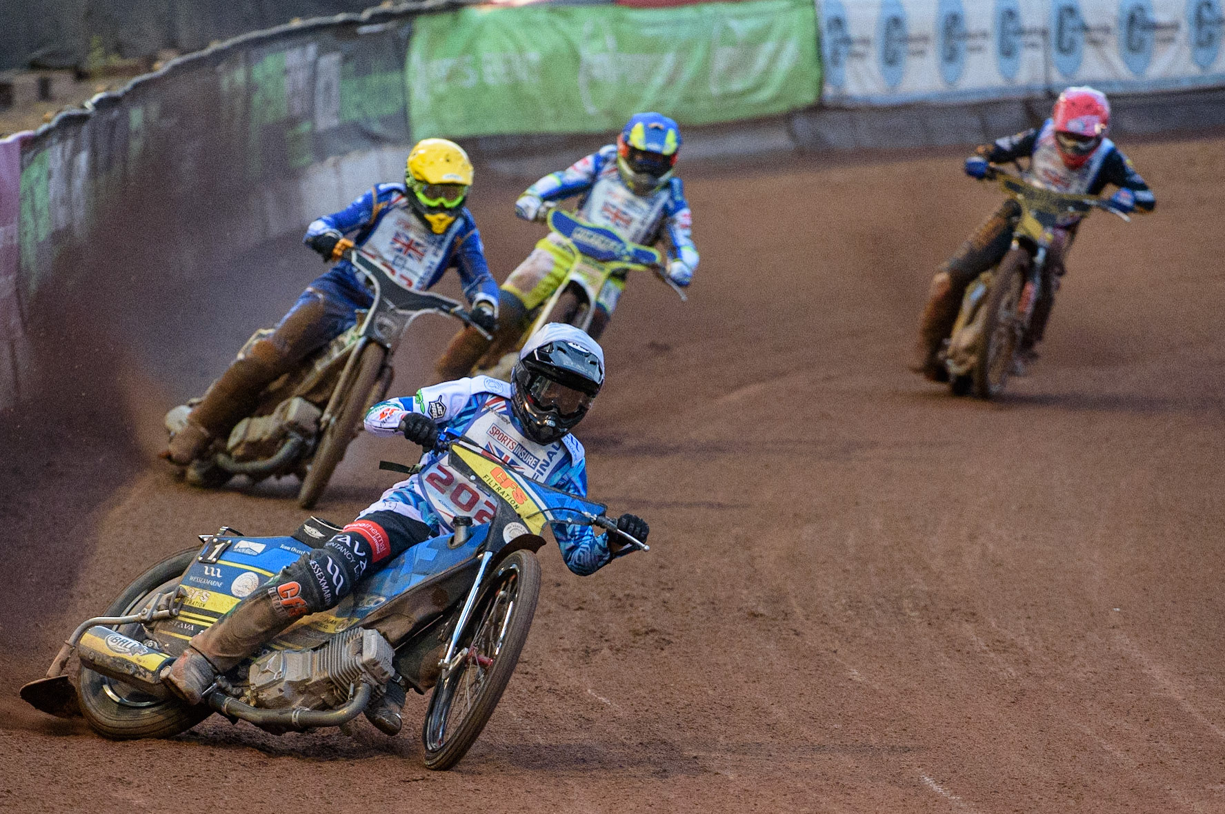 MANCHESTER, UK. AUGUST 16TH   Adam Ellis  (White) leads Richard Lawson. (Yellow), with Ben Barker  (Red) and Chris Harris  (Blue) behind during the Sports Insure British Speedway Finals at the National Speedway Stadium, Manchester on Monday 16th August 2021. (Credit: Ian Charles | MI News)