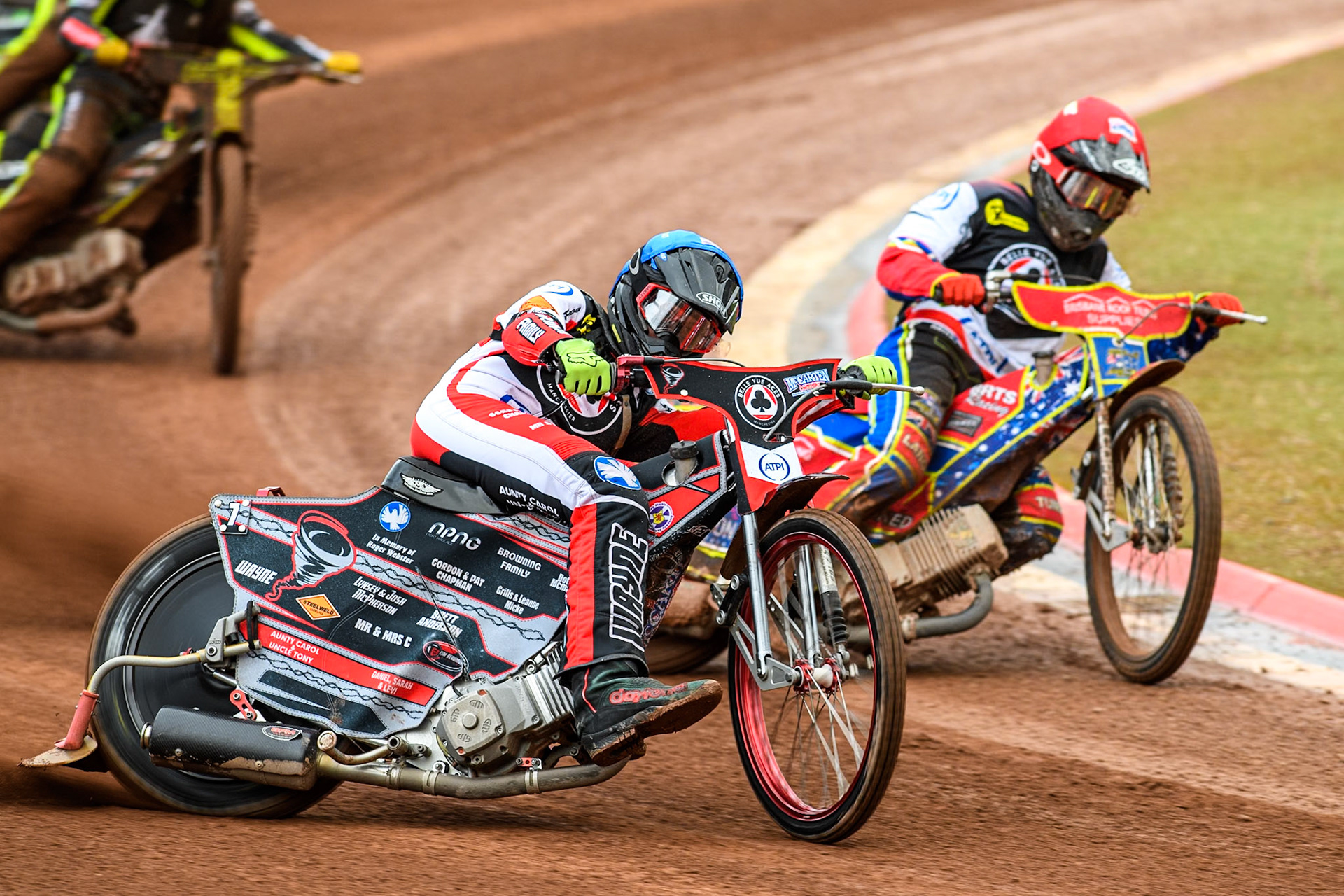 Belle Vue Aces' Tate Zischke  in Blue rides outside team mate Belle Vue Aces' Tate Zischke  in Red during the Rowe Motor Oil Premiership match between Belle Vue Aces and Ipswich Witches at the National Speedway Stadium, Manchester on Monday 1st July 2024. (Photo: Ian Charles | MI News)
