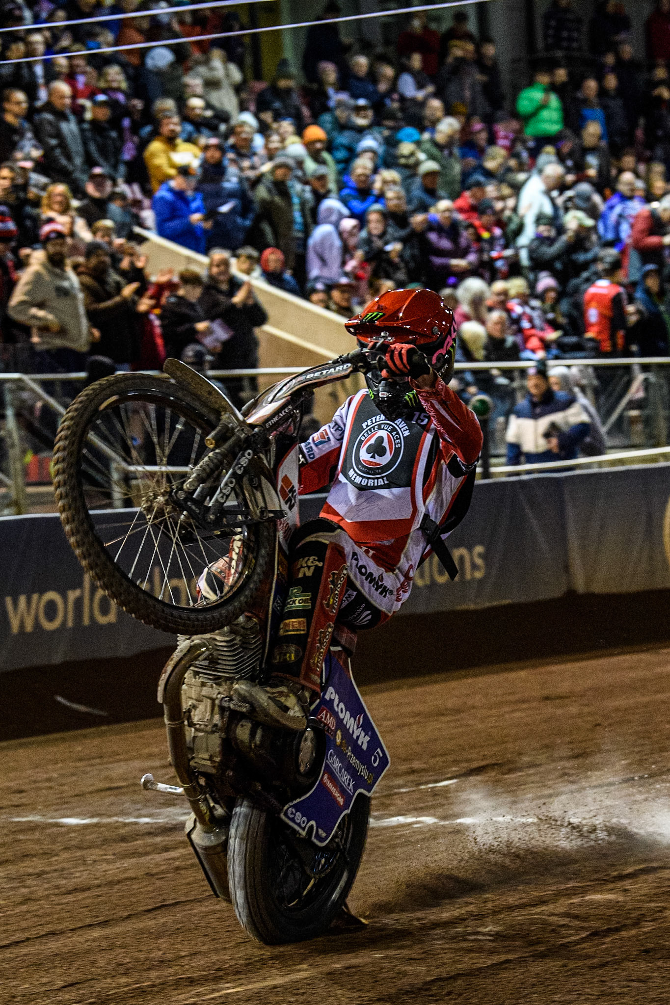 England's Dan Bewley does a wheelie during the Peter Craven Memorial Trophy meeting at the National Speedway Stadium, Manchester on Monday 18th March 2024. (Photo: Ian Charles | MI News)