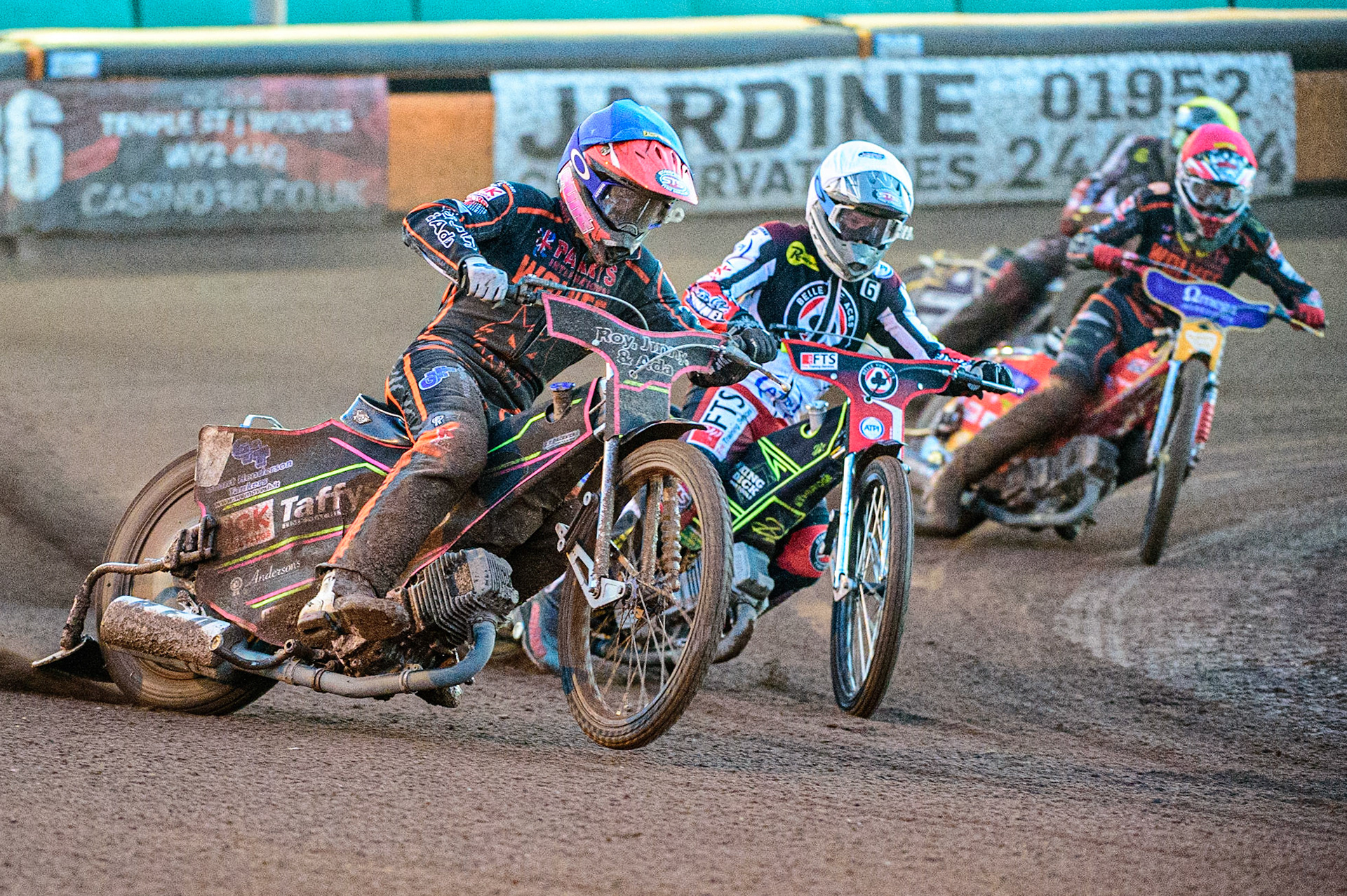 Leon Flint  (Blue) leads Jye Etheridge  (White), Drew Kemp  (Red) and Norick Blödorn  (Yellow) during the SGB Premiership match between Wolverhampton Wolves and Belle Vue Aces at Monmore Green Stadium, Wolverhampton on Monday 29th August 2022. (Credit: Ian Charles | MI News)