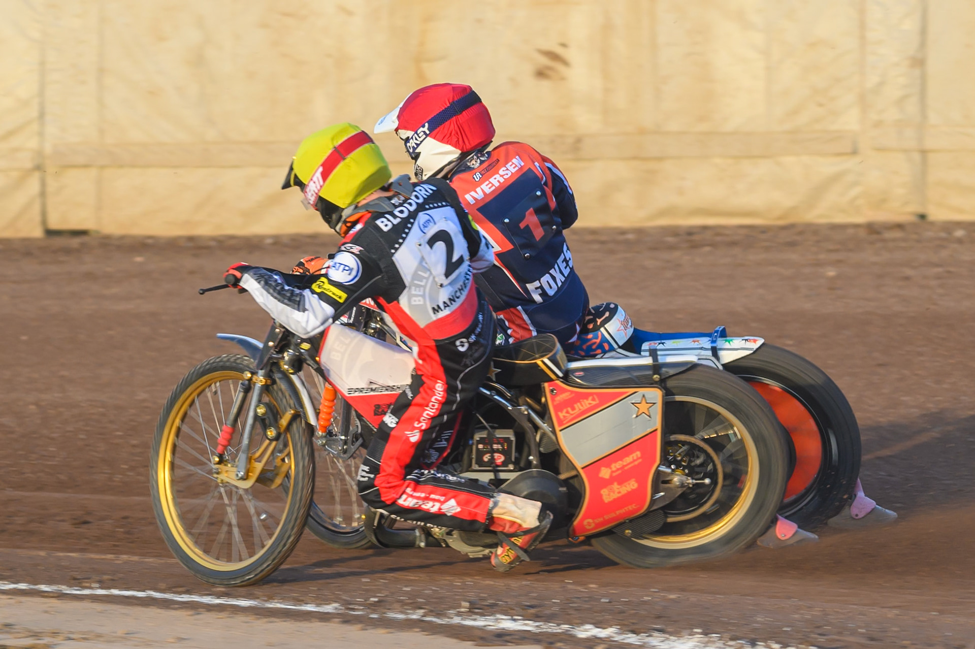Norick Blodorn of Belle Vue Aces  in Yellow rides inside Niels-Kristian Iversen of Northampton Foxes  in Red during the Rowe Motor Oil Premiership match between Northampton Foxes and Belle Vue Aces at Northampton International Shaleway, Northampton on Thursday 13th August 2026. (Photo: Ian Charles | MI News)