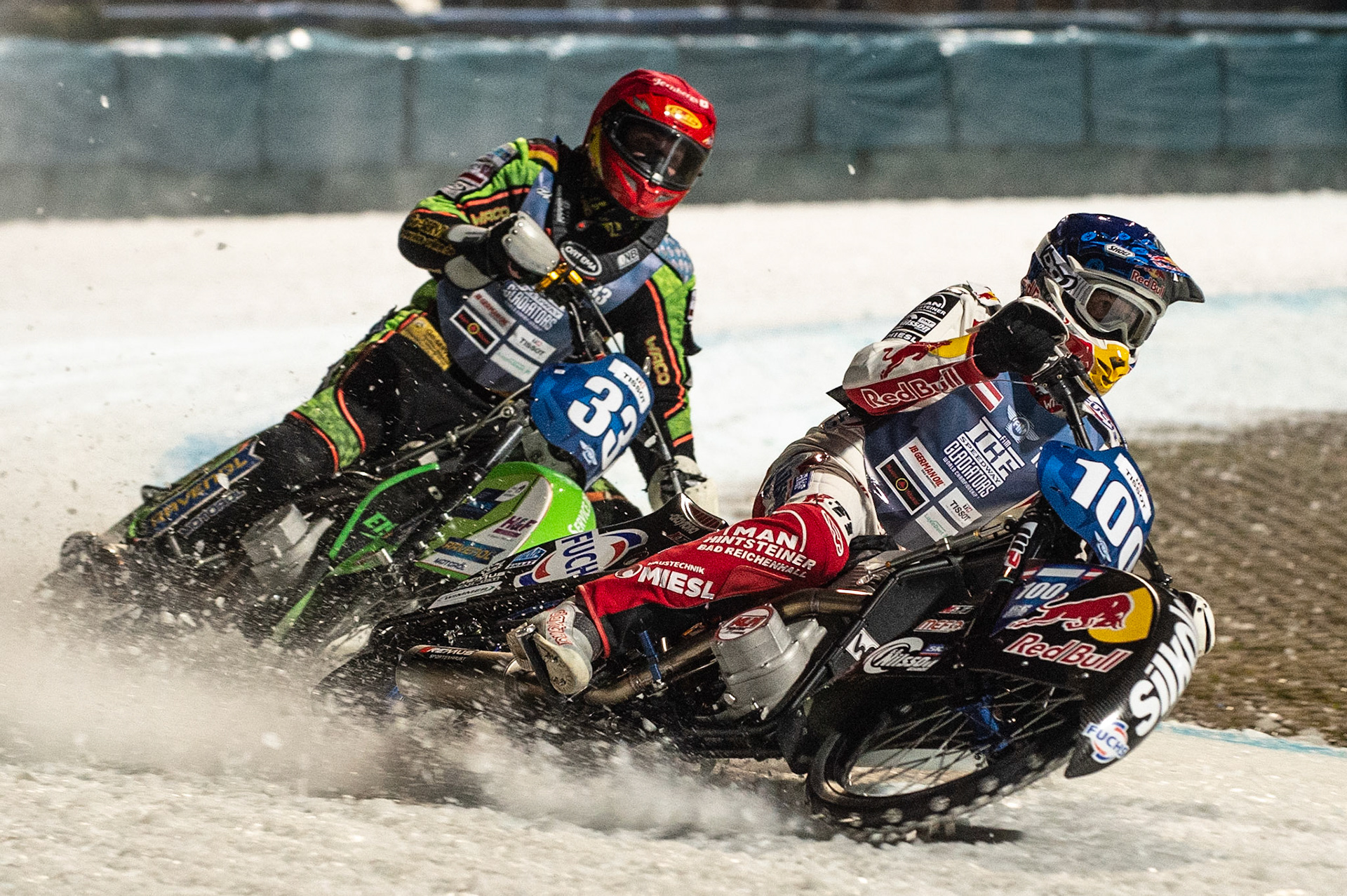 Photo: Ian Charles

Franky Zorn (100) leads Johann Weber (33) 

FIM Ice Speedway Gladiators World Championship, Final 3.1, Horst-Dohm Eisstadion, Berlin, Germany Saturday  2  March  2019