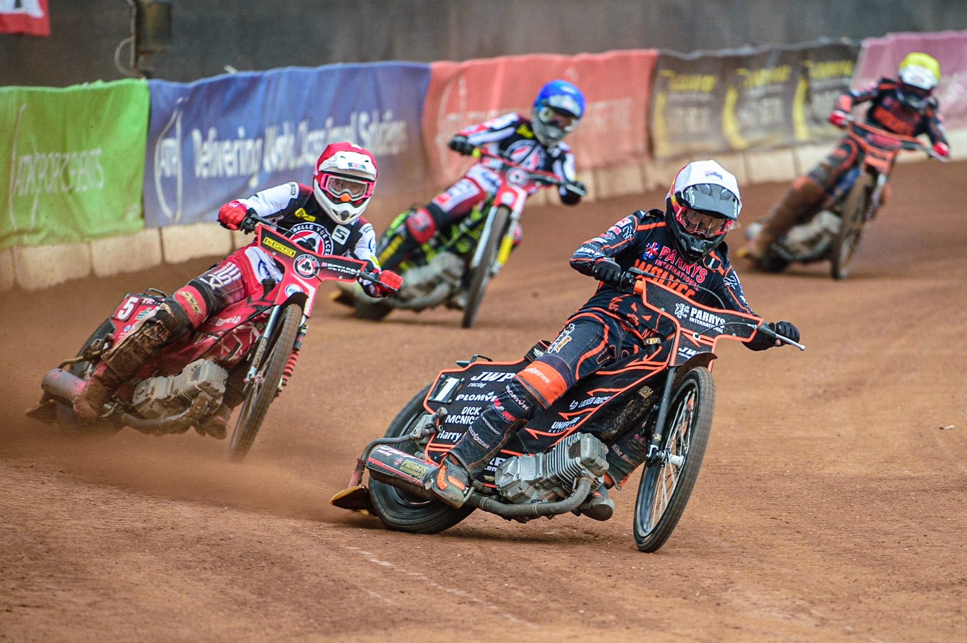 Sam Masters  (White) leads Max Fricke  (Red) Jye Etheridge  (Blue) and Steve Worrall  (Yellow) during the SGB Premiership match between Belle Vue Aces and Wolverhampton Wolves at the National Speedway Stadium, Manchester on Monday 29th August 2022. (Credit: Ian Charles | MI News)