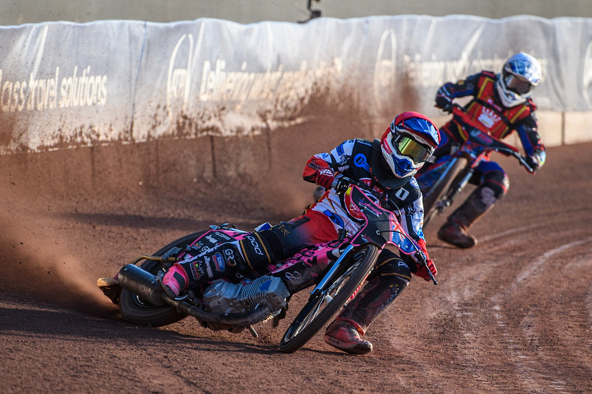 James Pearson (Red) leads Jacob Hook (White) during the National Development League match between Belle Vue Colts and Kent Royals at the National Speedway Stadium, Manchester on Friday 7th July 2023. (Photo: Ian Charles | MI News)