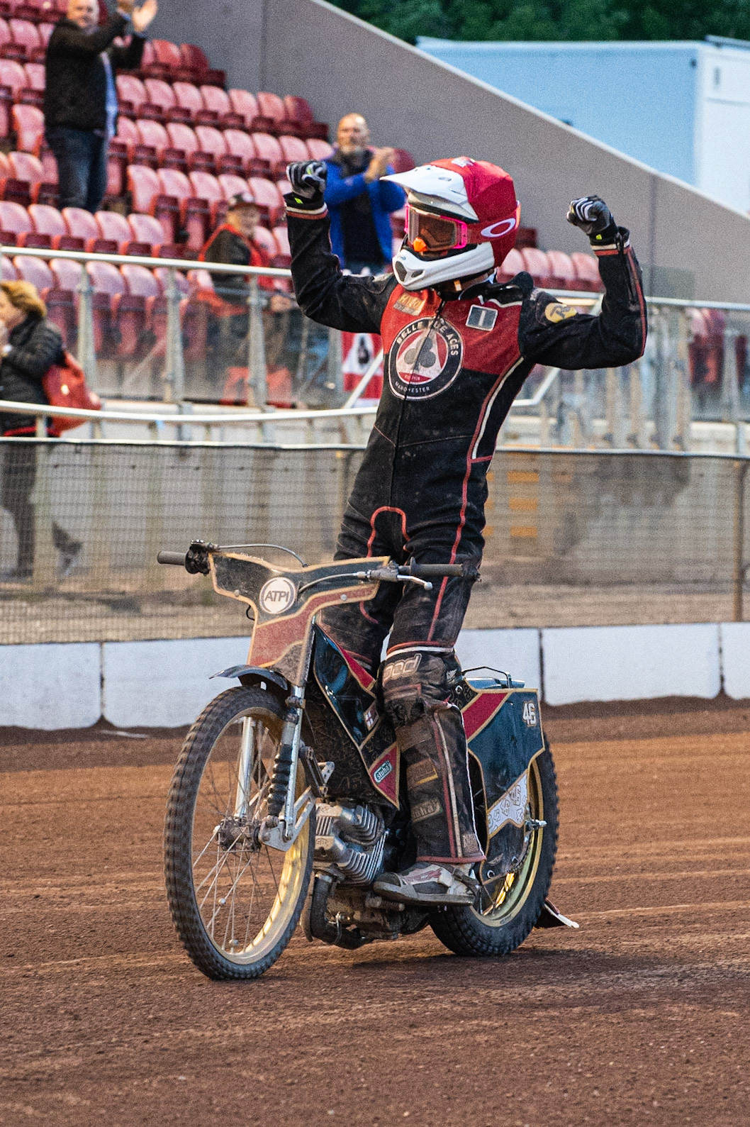 Photo: Ian Charles

Max Fricke  celebrates 

Belle Vue Aces v Ipswich Witches, British Speedway Premiership, Belle Vue National Speedway Stadium, Manchester, Monday 3  June  2019