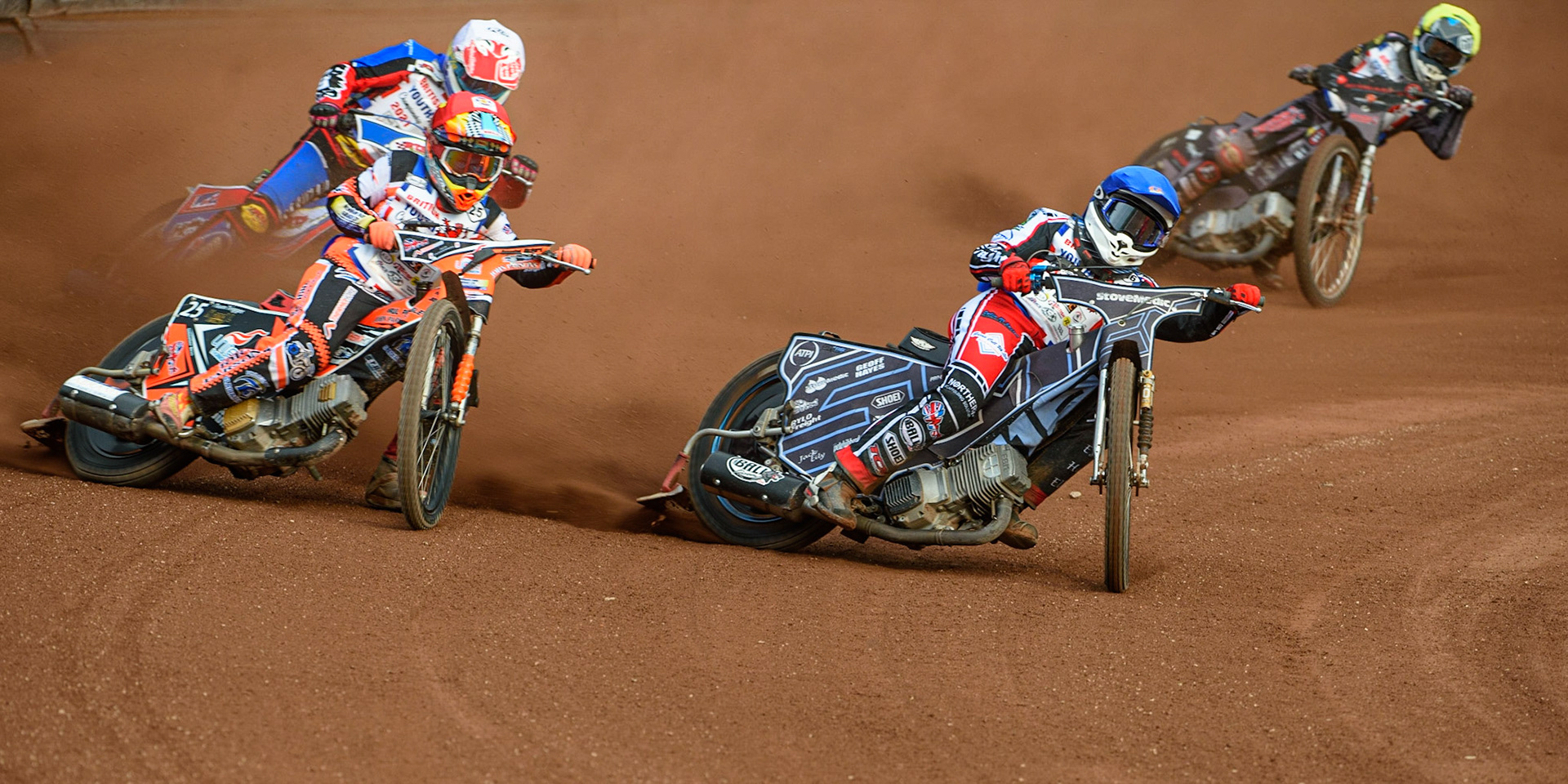 MANCHESTER, UK. MAY 28TH   Sam McGurk (Blue) inside Ben Trigger  (Red) with Cameron Taylor  (White) and Vinnie Foord  (Yellow) behind during the British Junior Championship at the National Speedway Stadium, Manchester on Friday 28th May 2021. (Credit: Ian Charles | MI News)