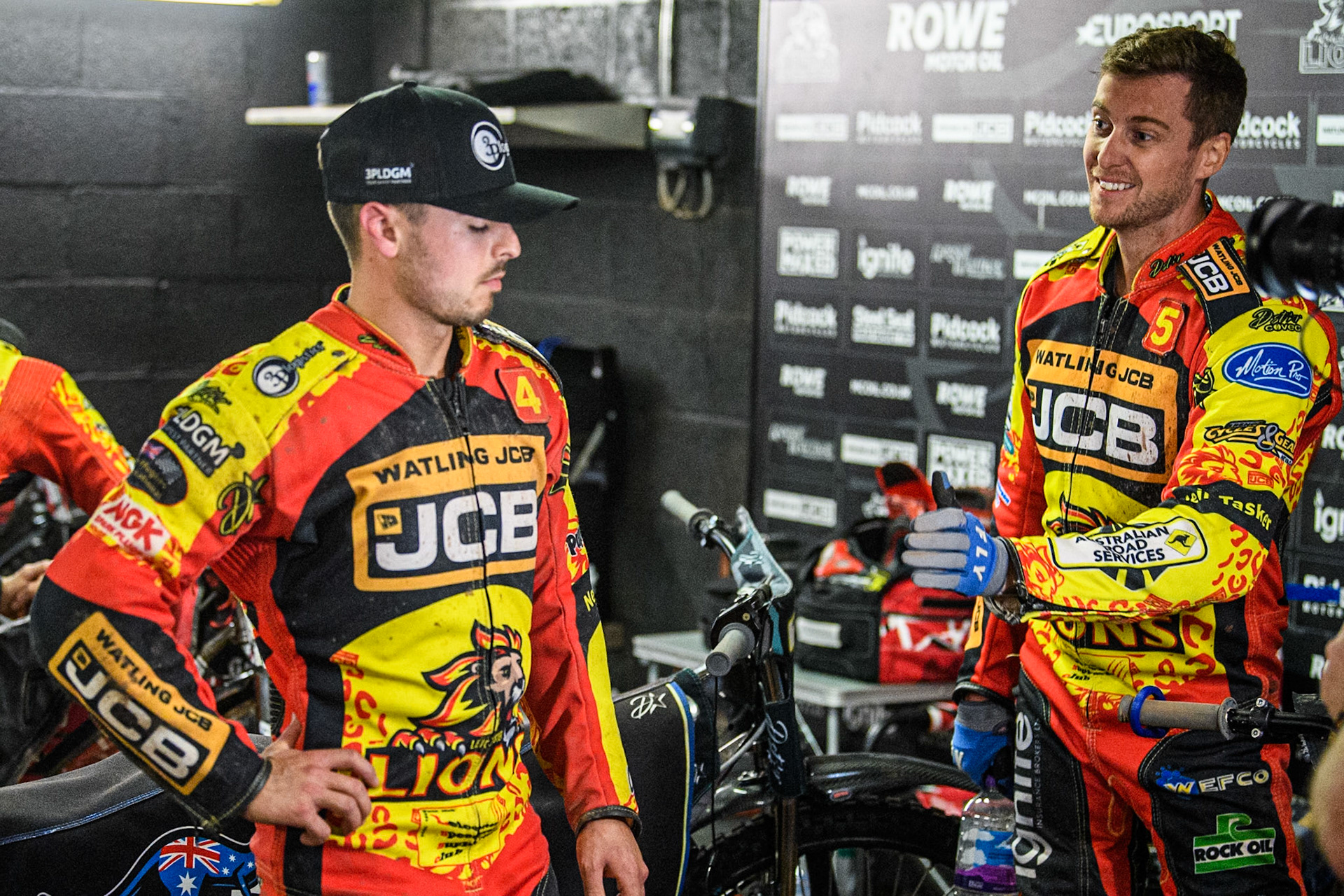 Leicester Lions' Luke Becker (Left) with Leicester Lions' Ryan Douglas during the Rowe Motor Oil Premiership Grand Final 2nd Leg between Leicester Lions and Belle Vue Aces at the Pidcock Motorcycles Arena, Leicester on Thursday 26th September 2024. (Photo: Ian Charles | MI News)