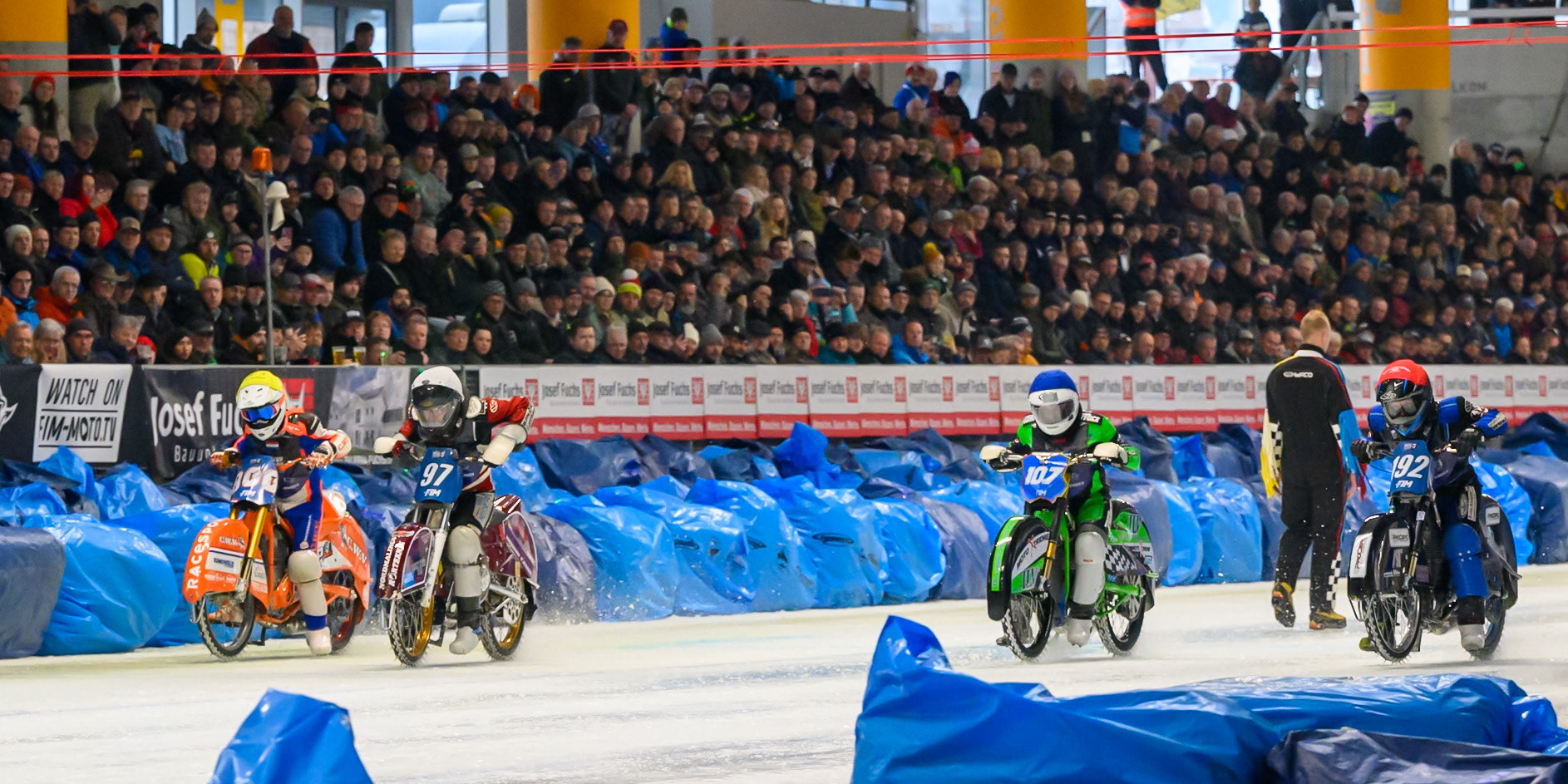 Heat 2 Start: (L to R) Jasper Iwema (800) of The Netherlands in Yellow, Ove Ledström (97) of Sweden in White, Andrej Divis (107) of Czechia in Blue, Niclas Svensson (192) of Sweden in Red during the Ice Speedway Gladiators World Championship Final 2 at Max-Aicher-Arena, Inzell on Sunday 15th March 2026. (Photo: Ian Charles | MI News)