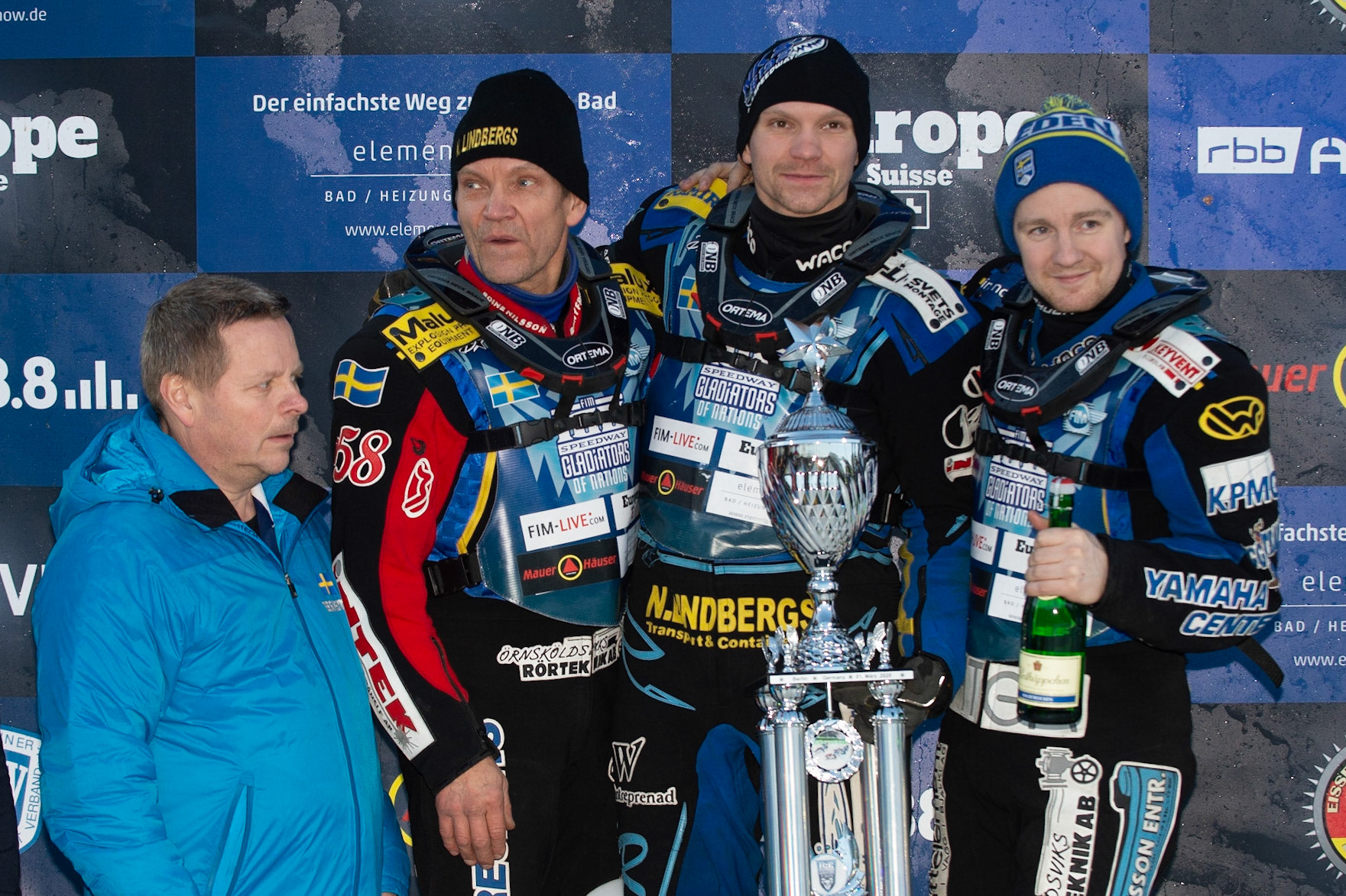 BERLIN GERMANY  - March 1  2nd place for Sweden: (l-r) Mikael Messing (Manager), Stefan Svensson, Niclas Svensson and Martin Haarahiltunen  during the Ice Speedway of Nations at the Horst-Dohm-Eisstadion, Berlin,  on Sunday 1 March 2020. (Credit: Ian Charles | MI News)