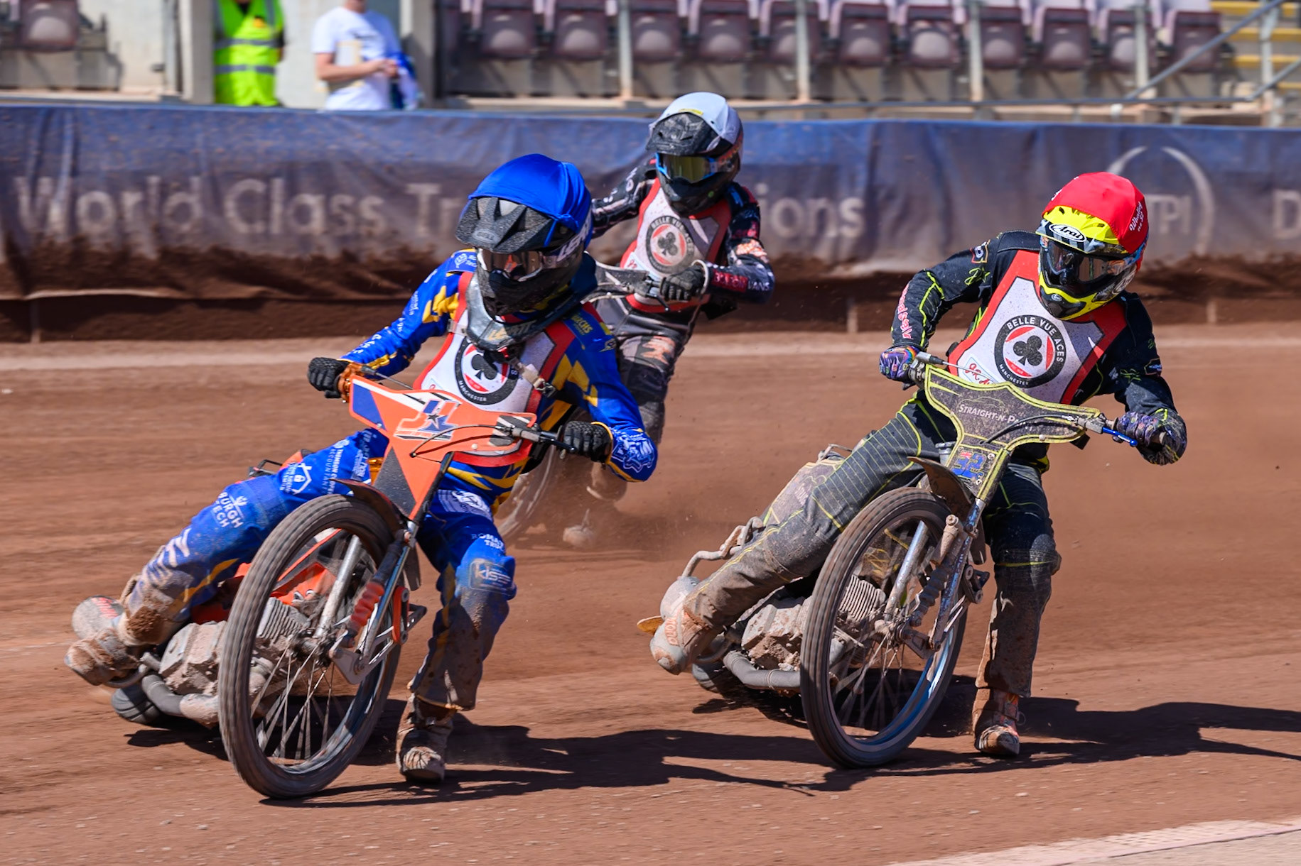 COLTS ACADEMY INDIVIDUAL EVENT FINAL RE RUN: Jordy Loftus in Blue leading Ben Whalley  in Red  and Seth Norman in White during the JR Ashworth &amp; Sons Colts Academy Event at the National Speedway Stadium, Manchester on Sunday 19th July 2026. (Photo: Ian Charles | MI News)