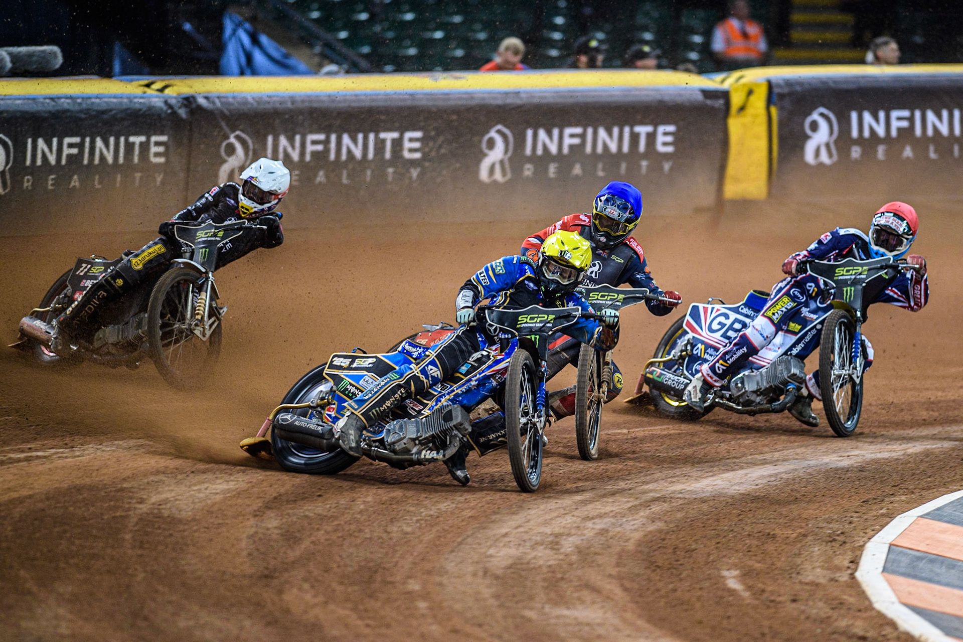 Jack Holder (25) (Yellow) leads  Anders Rowe (17) (White), Steve Worrall (16) (Blue) and Maciej Janowski (71) (Red) during the FIM Speedway Grand Prix of Great Britain at the Principality Stadium, Cardiff on Saturday 2nd September 2023. (Photo: Ian Charles | MI News)