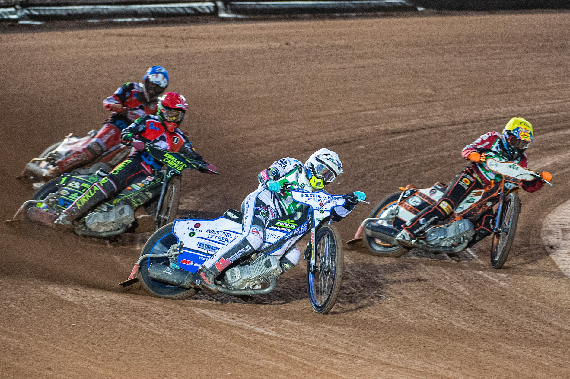 Photo: Ian Charles

Cradley Heathens  Max Clegg  (White) and Jack Smith   (Yellow) lead Kyle Bickley (Red) and  Connor Bailey  (Blue)

Belle Vue Colts v Cradley Heathens, SGB National League KO Cup Semi Final 2nd Leg, Belle Vue National Speedway Stadium, Manchester, Wednesday 18  September  2019