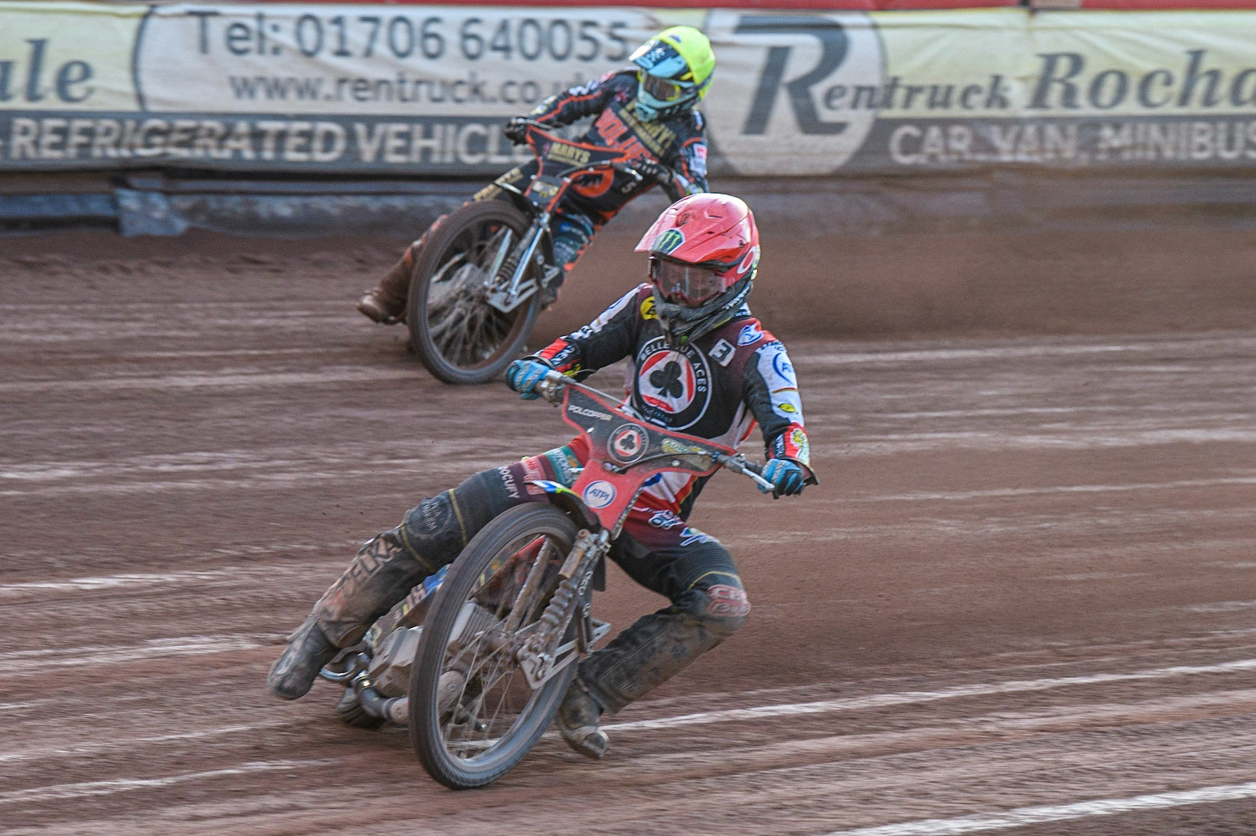 Jaimon Lidsey (Red) leads Ryan Douglas (Yellow)  during the Sports Insure Premiership match between Belle Vue Aces and Wolverhampton Wolves at the National Speedway Stadium, Manchester on Monday 3rd July 2023. (Photo: Ian Charles | MI News)