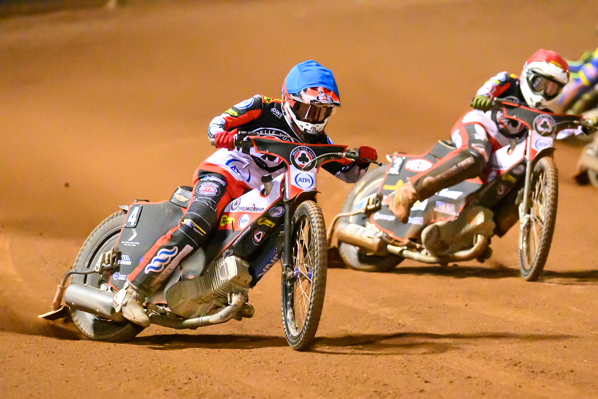 Zach Cook of Belle Vue Aces   in Blue leading Peter Kildemand of Belle Vue Aces   in Red during the Knockout Cup, Northern Section match between Belle Vue Aces and Sheffield Tigers at the National Speedway Stadium, Manchester on Monday 30th March 2026. (Photo: Ian Charles | MI News)