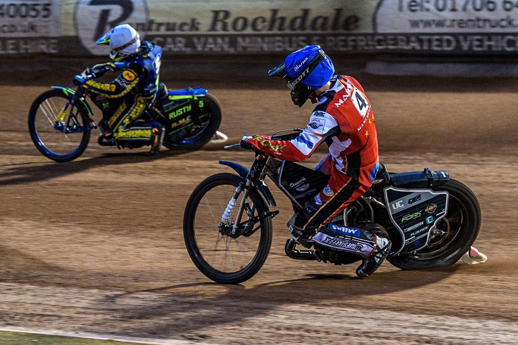 Matt Marson  (Blue) chases Ryan Kinsley  (White) during the National Development League match between Belle Vue Colts and Oxford Chargers at the National Speedway Stadium, Manchester on Friday 12th May 2023. (Photo: Ian Charles | MI News)